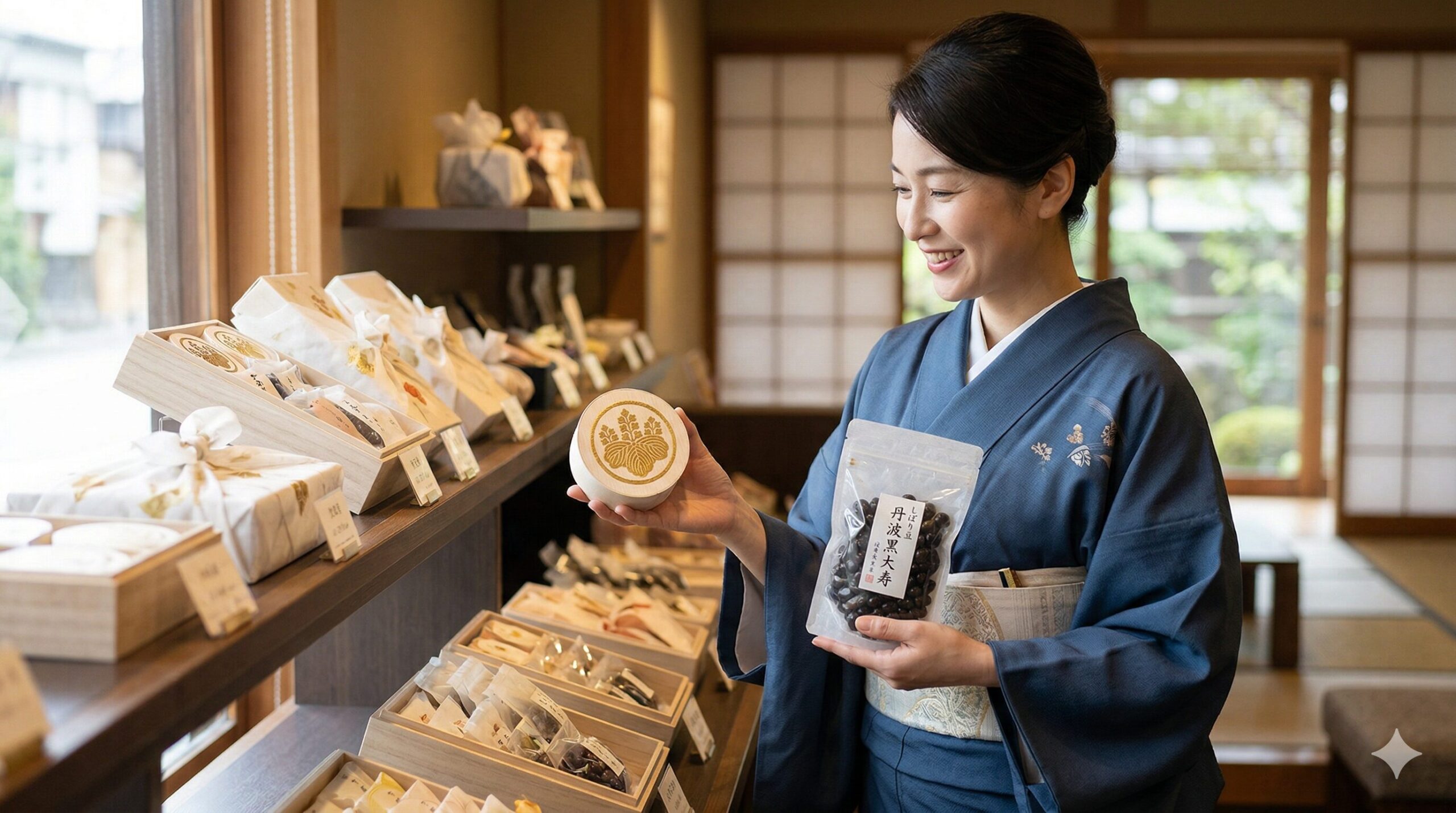 京都下鴨の老舗茶寮宝泉で、築100年の数寄屋造りと、北澤造園が手掛けた枯山水庭園を眺める静かに座る、濃紺の着物を着た日本人女性。目の前には、氷水に浮かんだ本わらび粉100%の黒褐色わらび餅、黒蜜、きな粉、お点前を施された抹茶茶碗が置かれている。究極の静寂と、伝統的な和の空間が広がる、至高の和菓子体験。