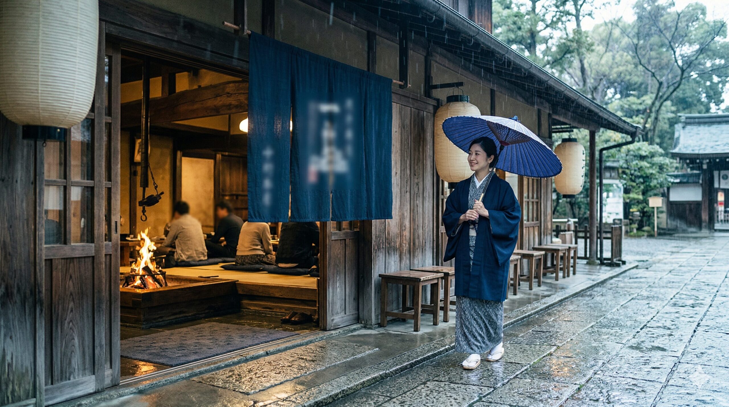 京都の今宮神社東参道、雨に濡れた石畳と一文字屋和輔（一和）の店舗前。藍色の和傘を差して歩く着物姿の日本人女性と、店内に見える炭火の火鉢の温かみ。