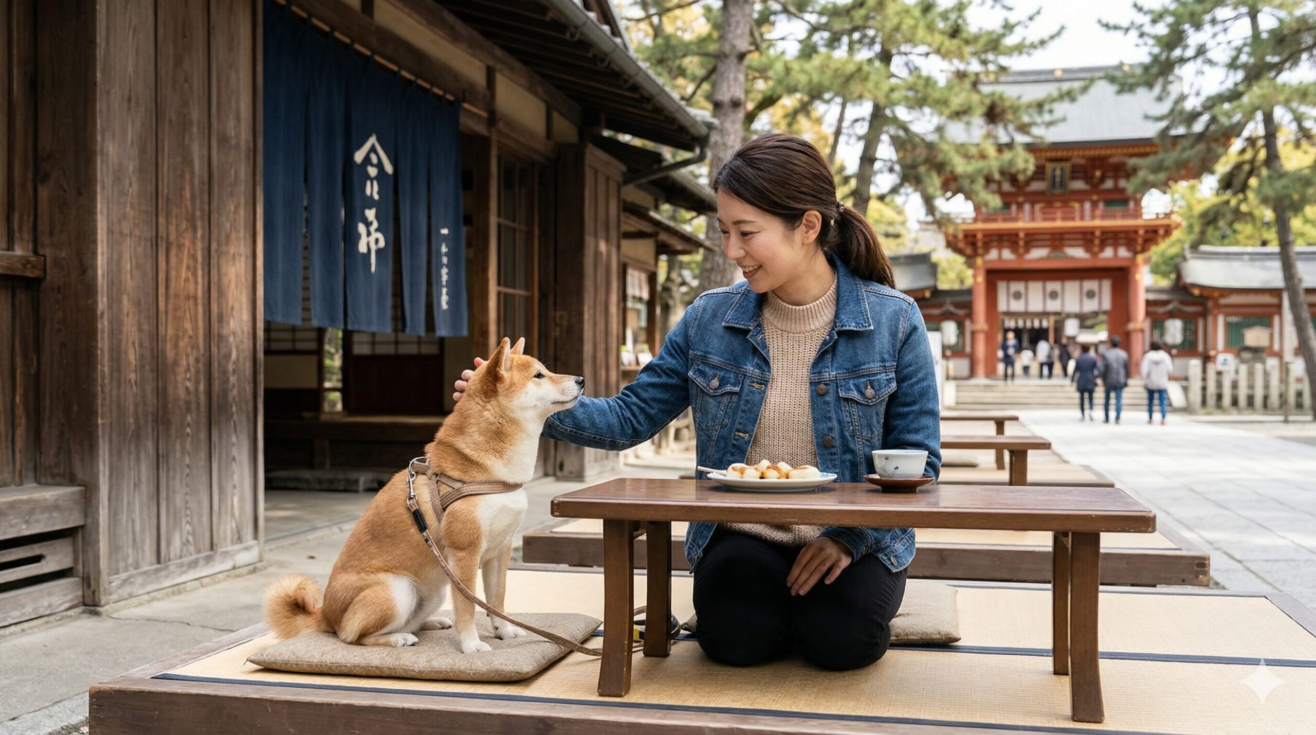 京都の今宮神社東参道、一文字屋和輔（一和）の外の床几席で、愛犬の柴犬と一緒にあぶり餅を楽しむ日本人女性。ペット連れでも気兼ねなく伝統的な和の空間を体験できる。