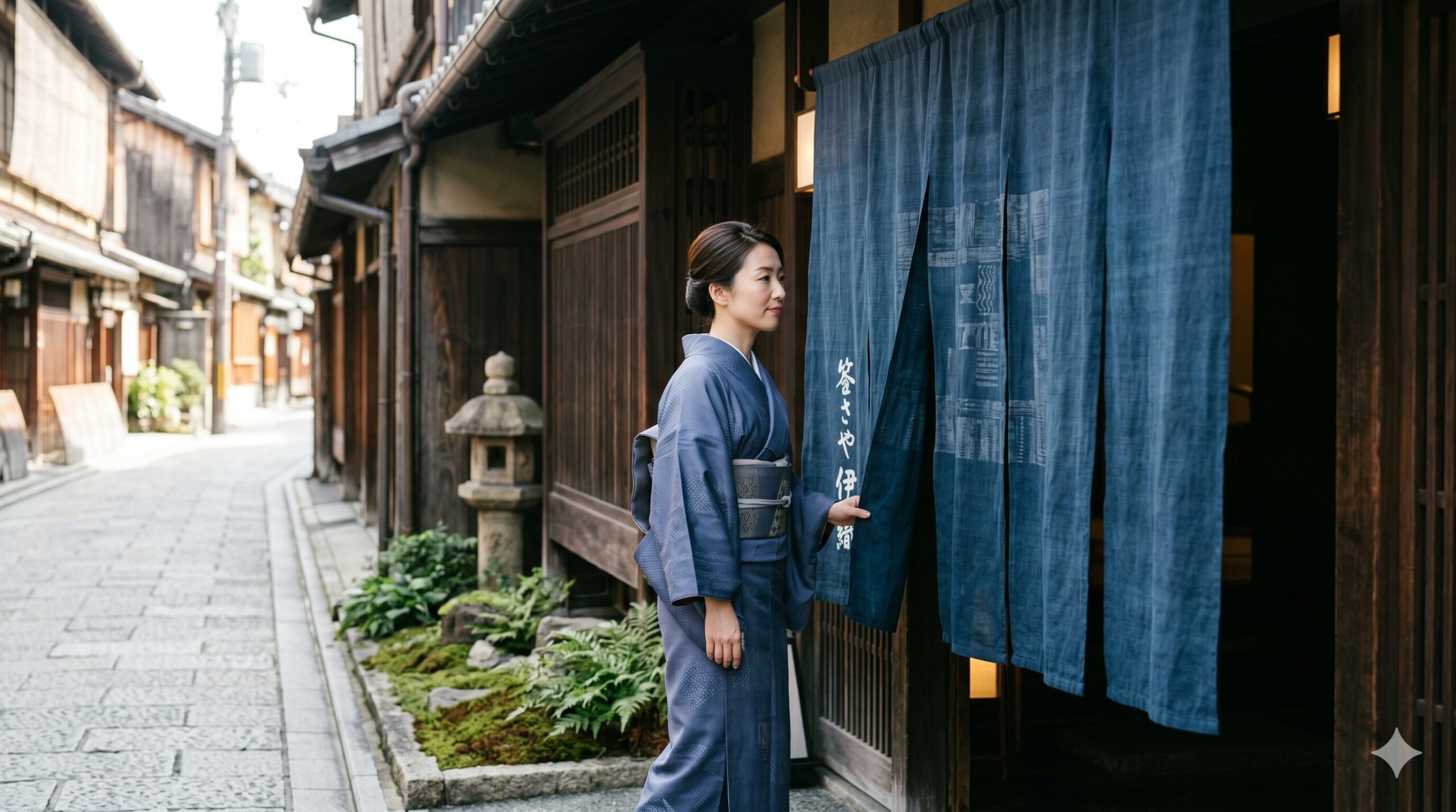 京都の老舗和菓子店「笹屋伊織」の格式高い暖簾をくぐる、和服姿のアジア人女性。300年の歴史を感じさせる重厚な店構え。