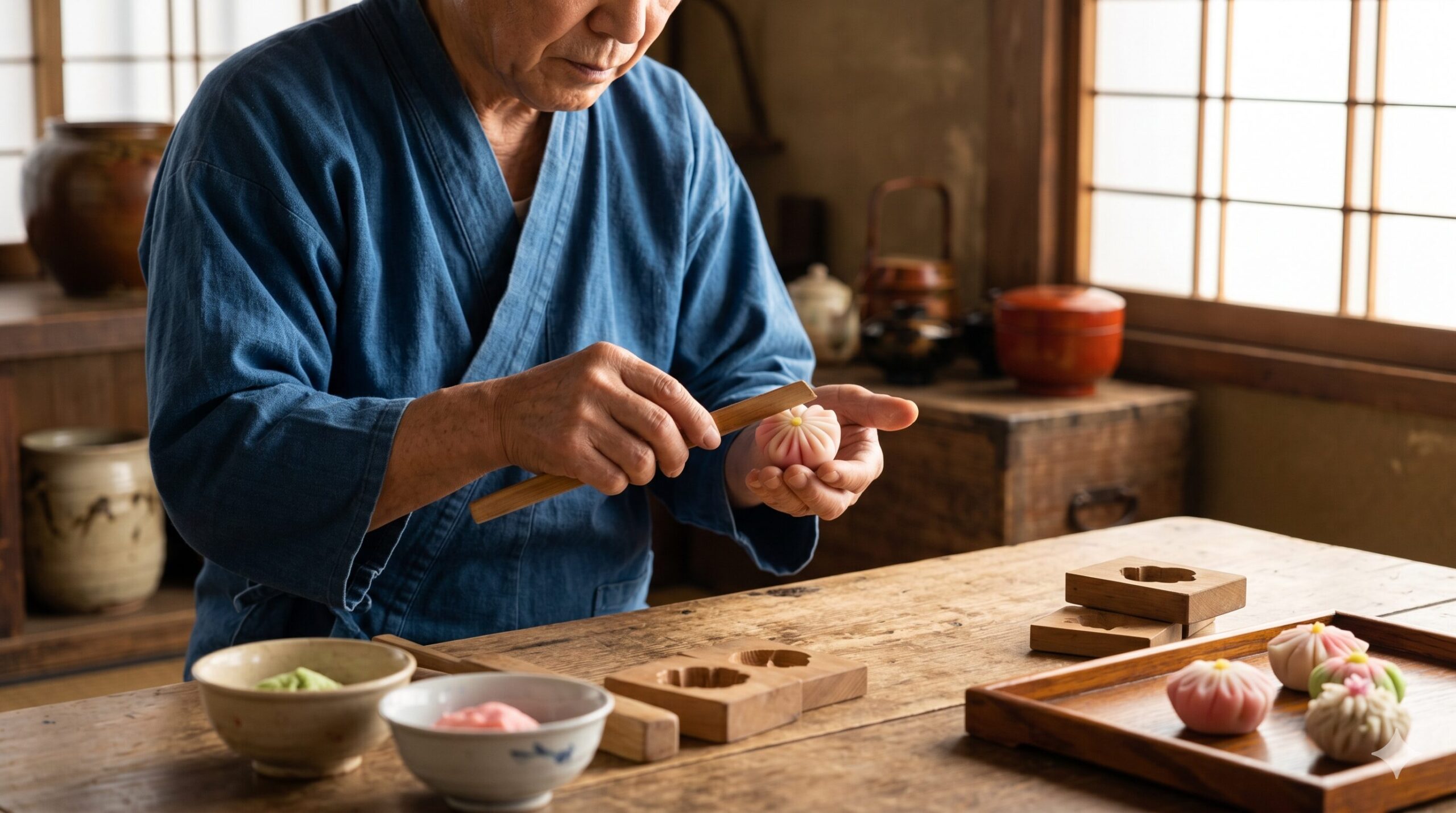 江戸時代の享保年間をイメージした、伝統的な技法で和菓子を丁寧に作る日本人職人の手元。