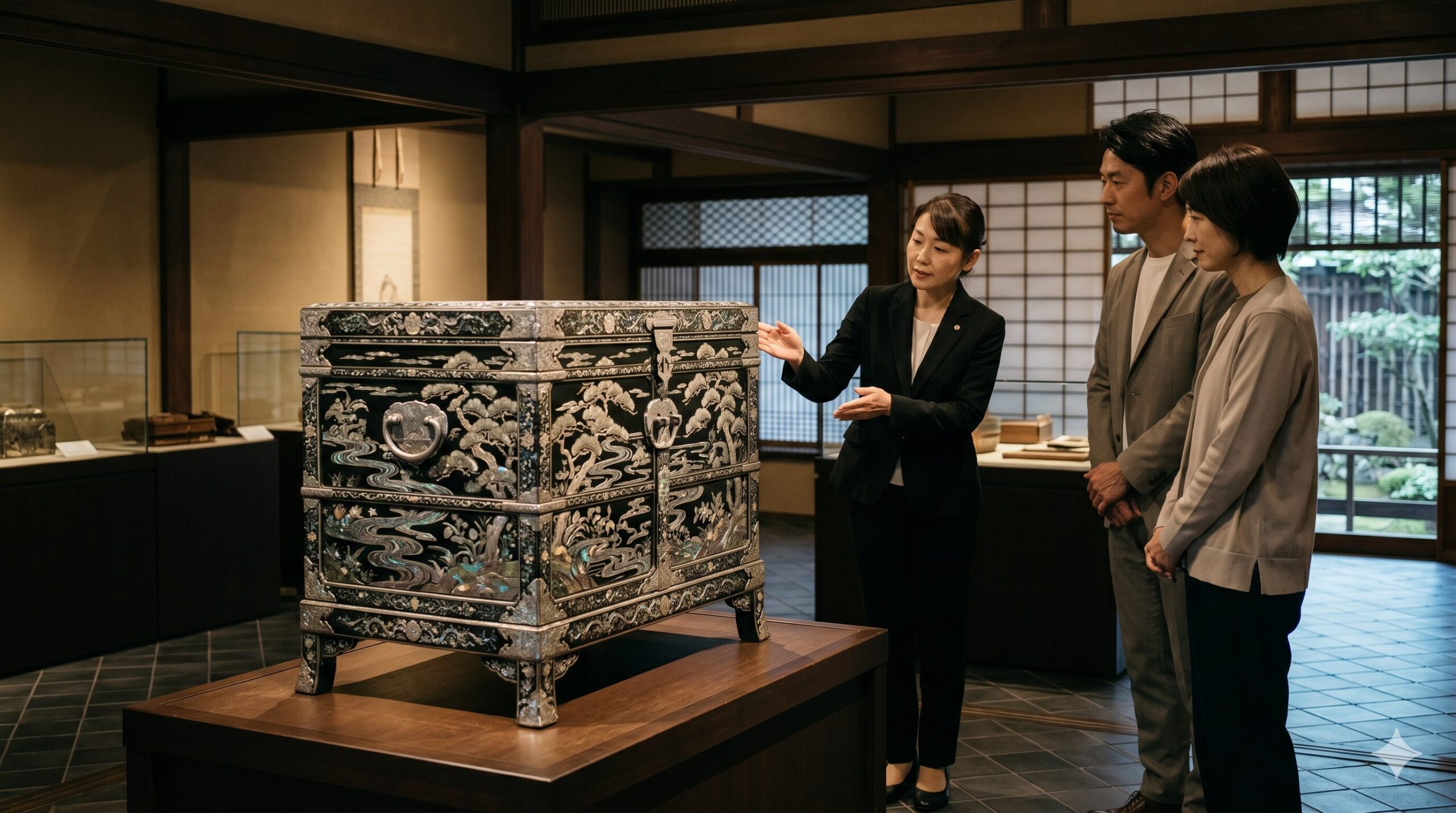 美しい螺鈿細工が施された江戸時代の菓子運搬道具「行器（ほかい）」。