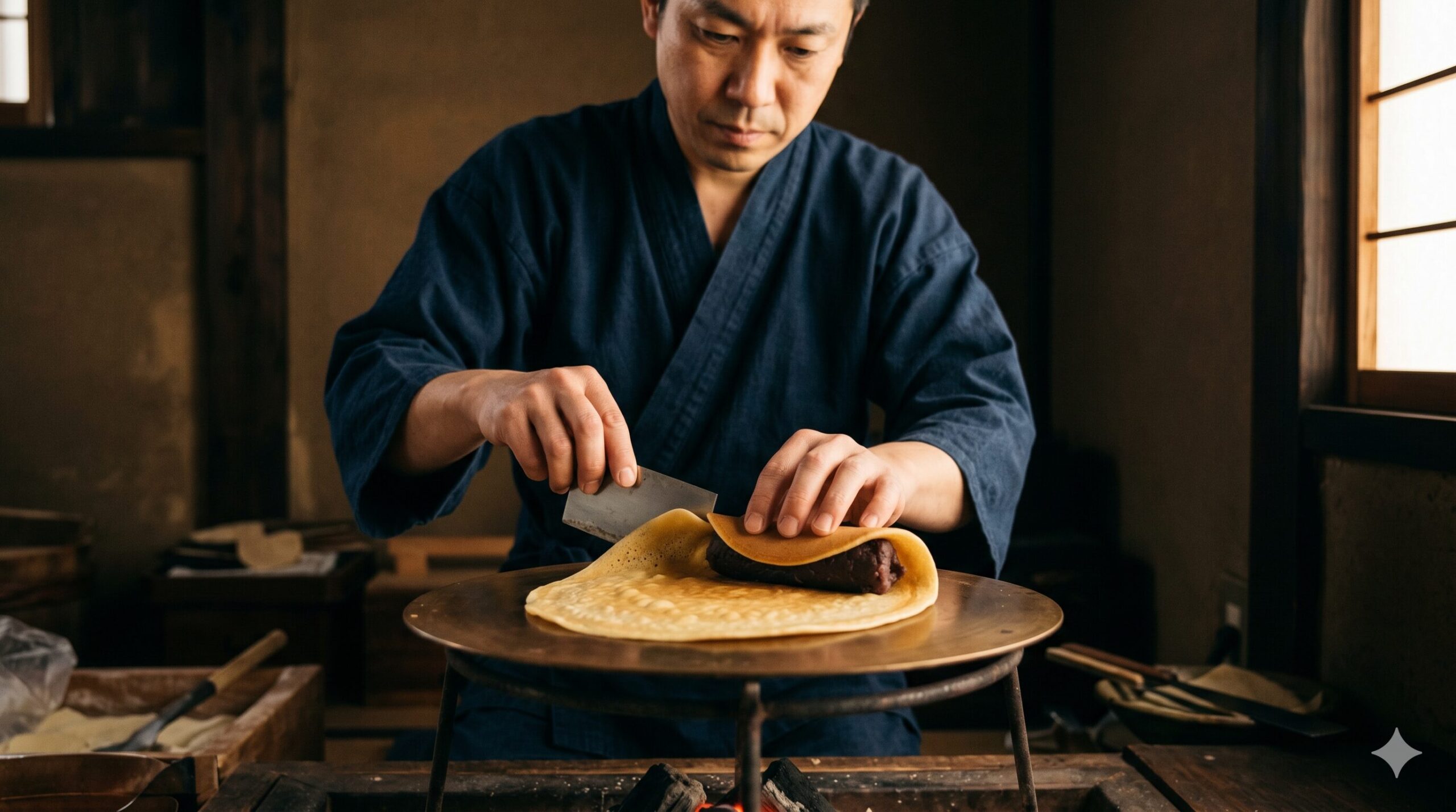 銅鑼（どら）の上で生地を焼く熟練の技。