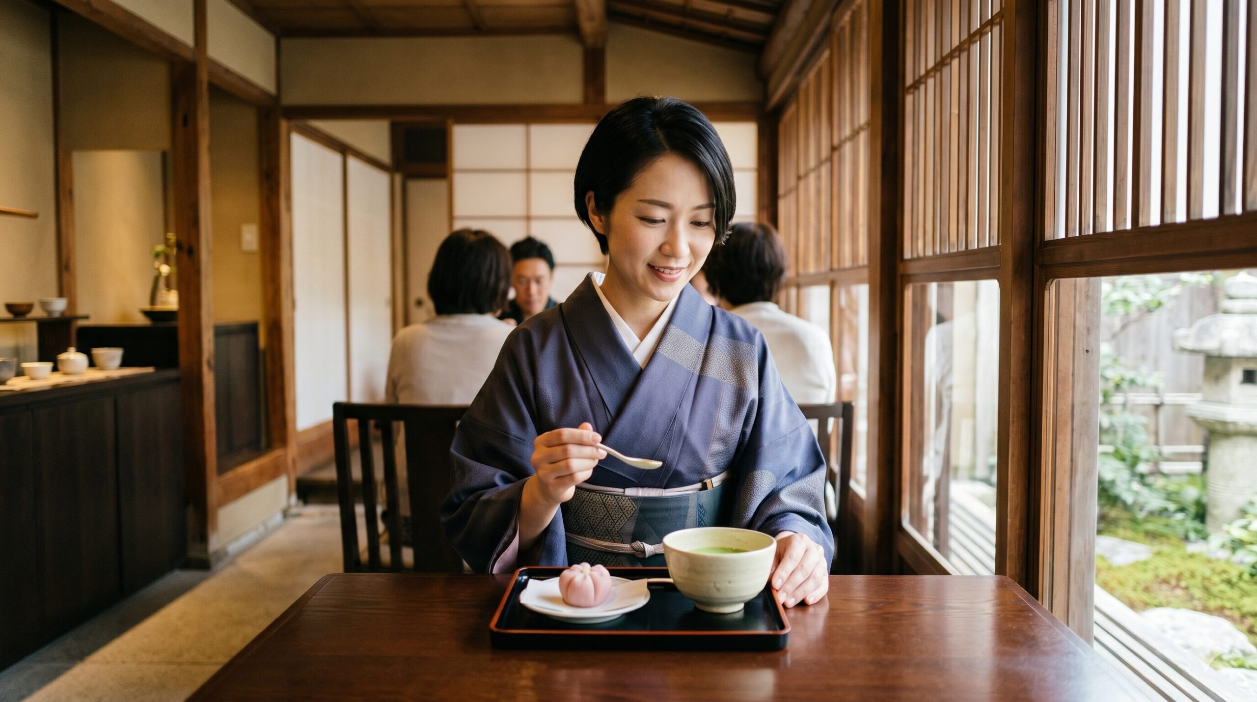 イオリカフェで季節の生菓子を楽しむ。