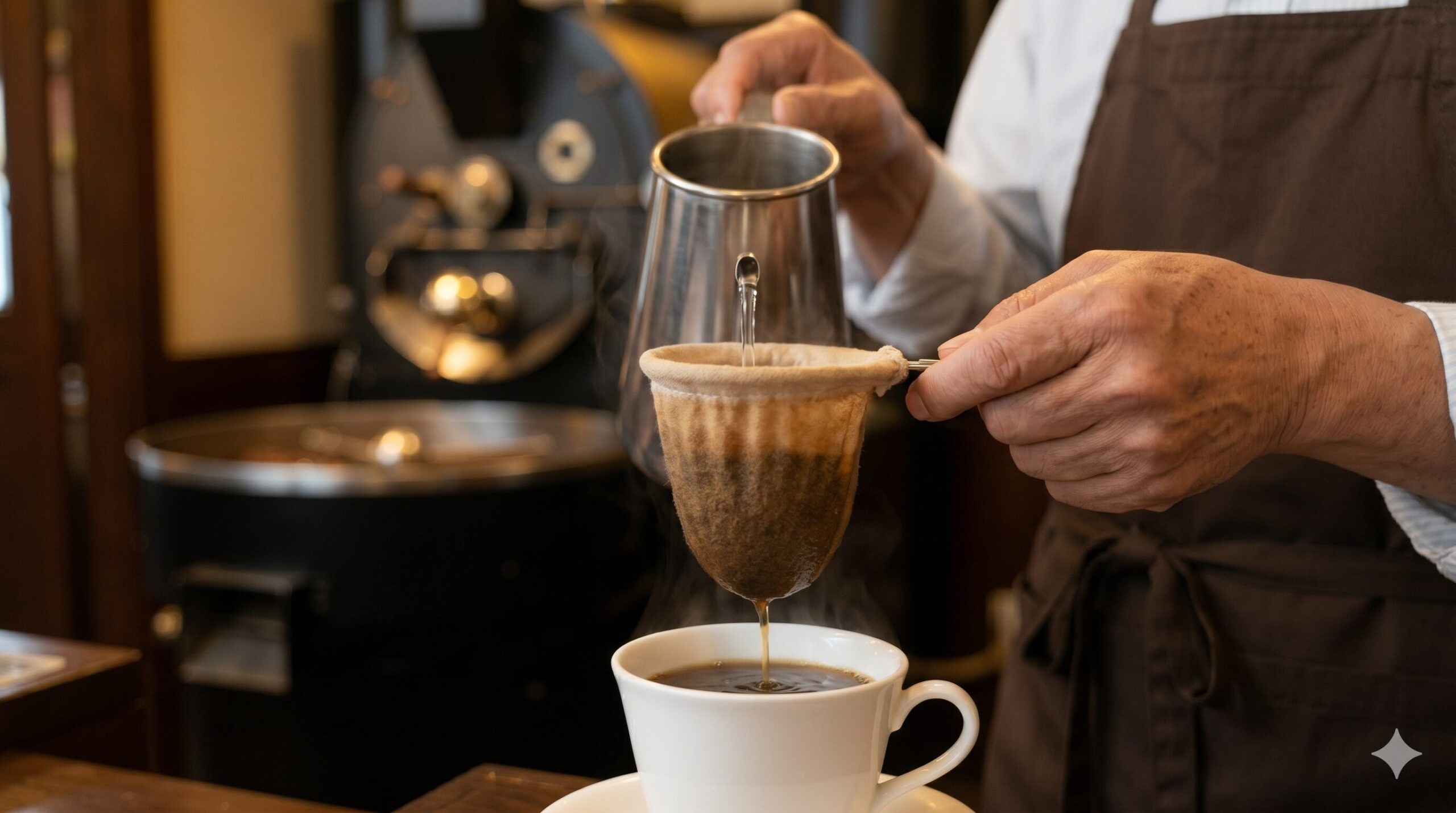 スマート珈琲店で職人が丁寧に行うネルドリップによるコーヒー抽出の様子
