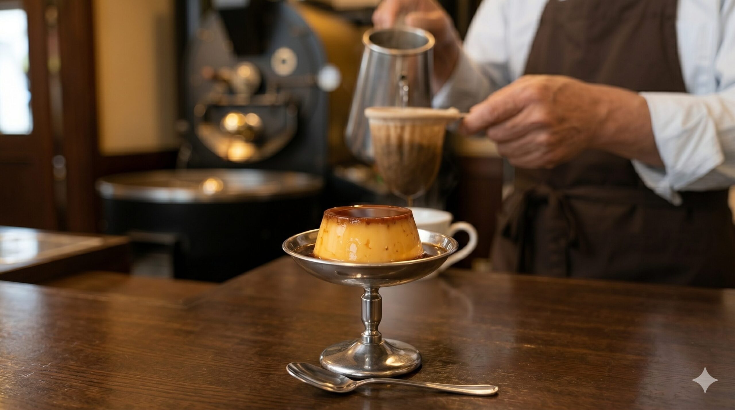 銀食器に盛り付けられたスマート珈琲店名物の昔ながらの固め自家製プリン