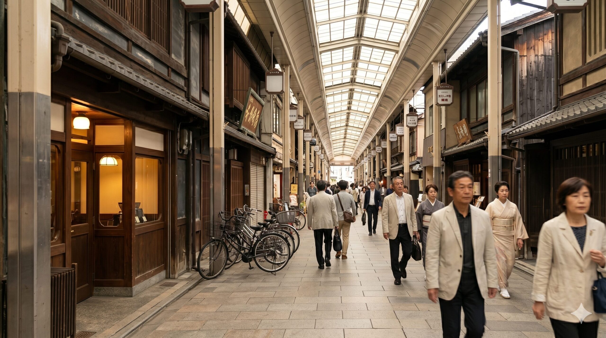 京都のレトロな寺町通アーケード街とスマート珈琲店の外観を捉えた風景画像。