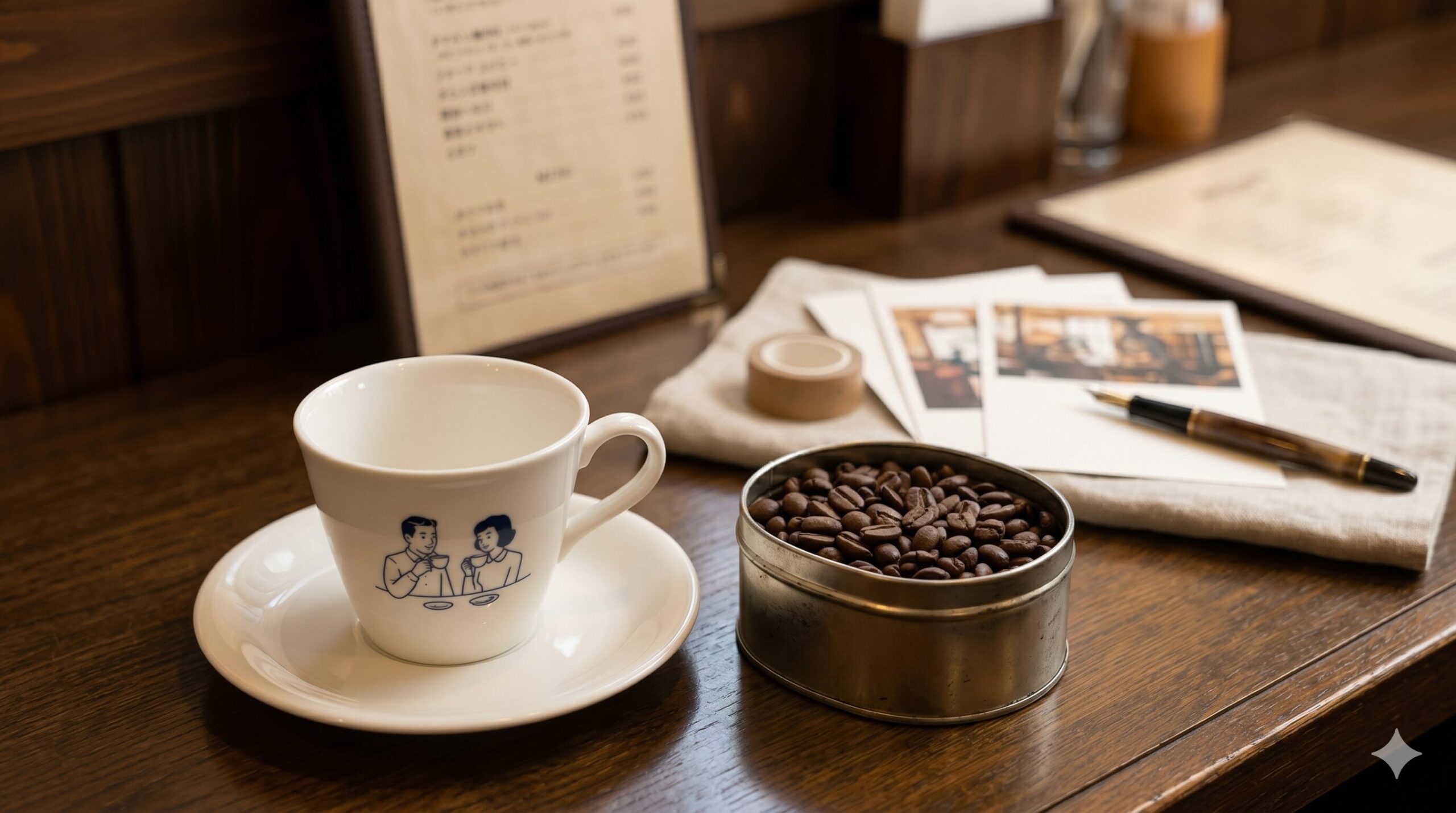 オリジナルロゴ入りのカップ＆ソーサーや、自家焙煎されたコーヒー豆、ステーショナリーなどのギフトアイテムを並べた画像。