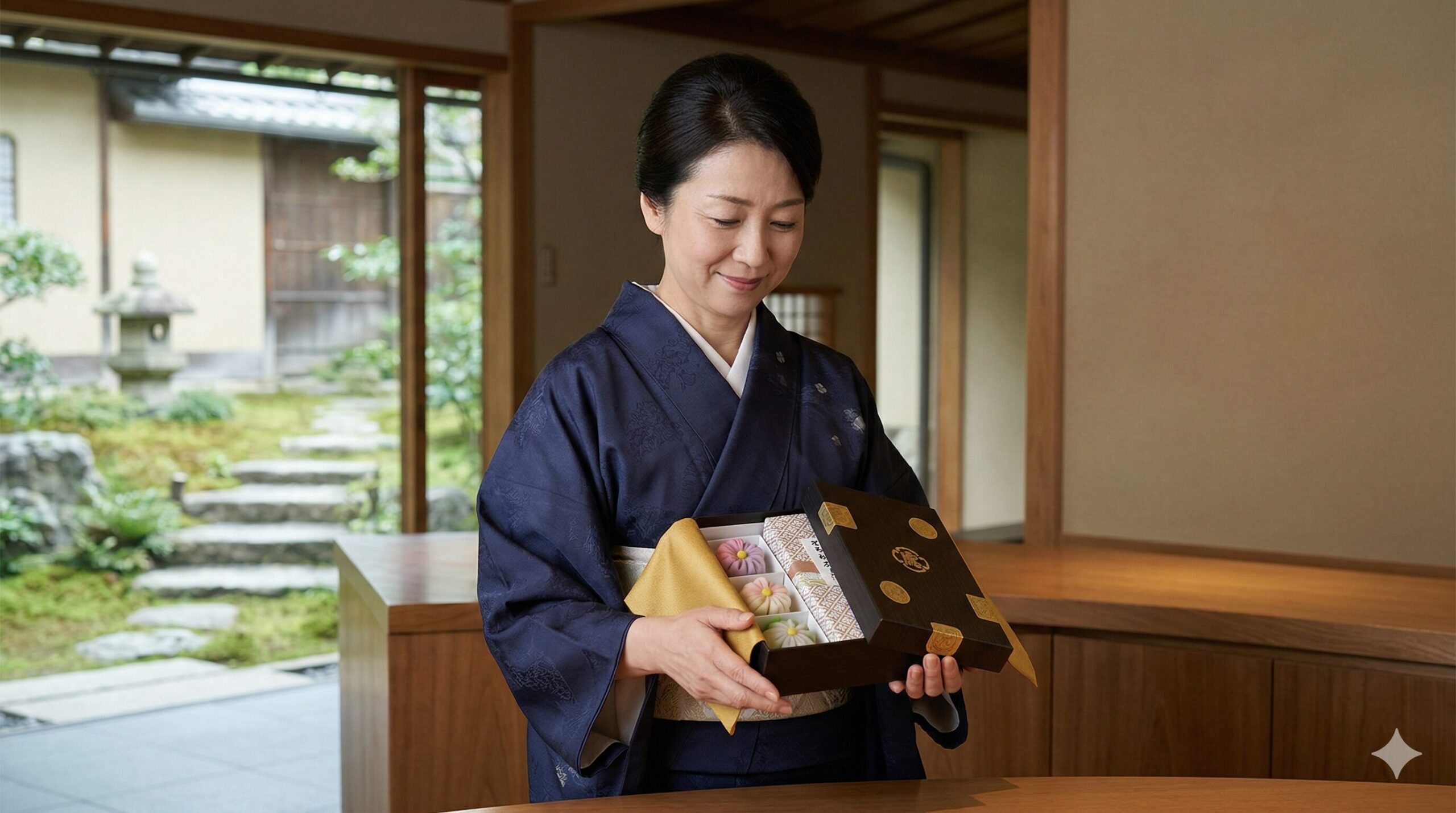統的な京都一条店を背景に、とらやの和菓子ギフトボックスを大切そうに抱え、洗練された満足げな表情を浮かべる日本人女性（着物姿）。和の情景と信頼感が伝わる。