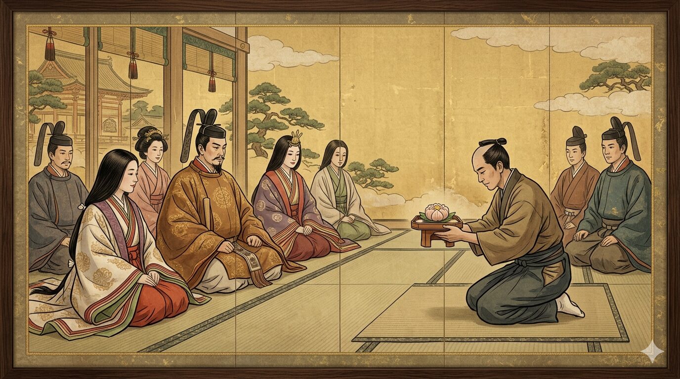 16世紀の御所内を模した和紙の屛風画。日本人菓子職人が、格式高い畳の部屋で、皇族方に美しい和菓子を献上している。