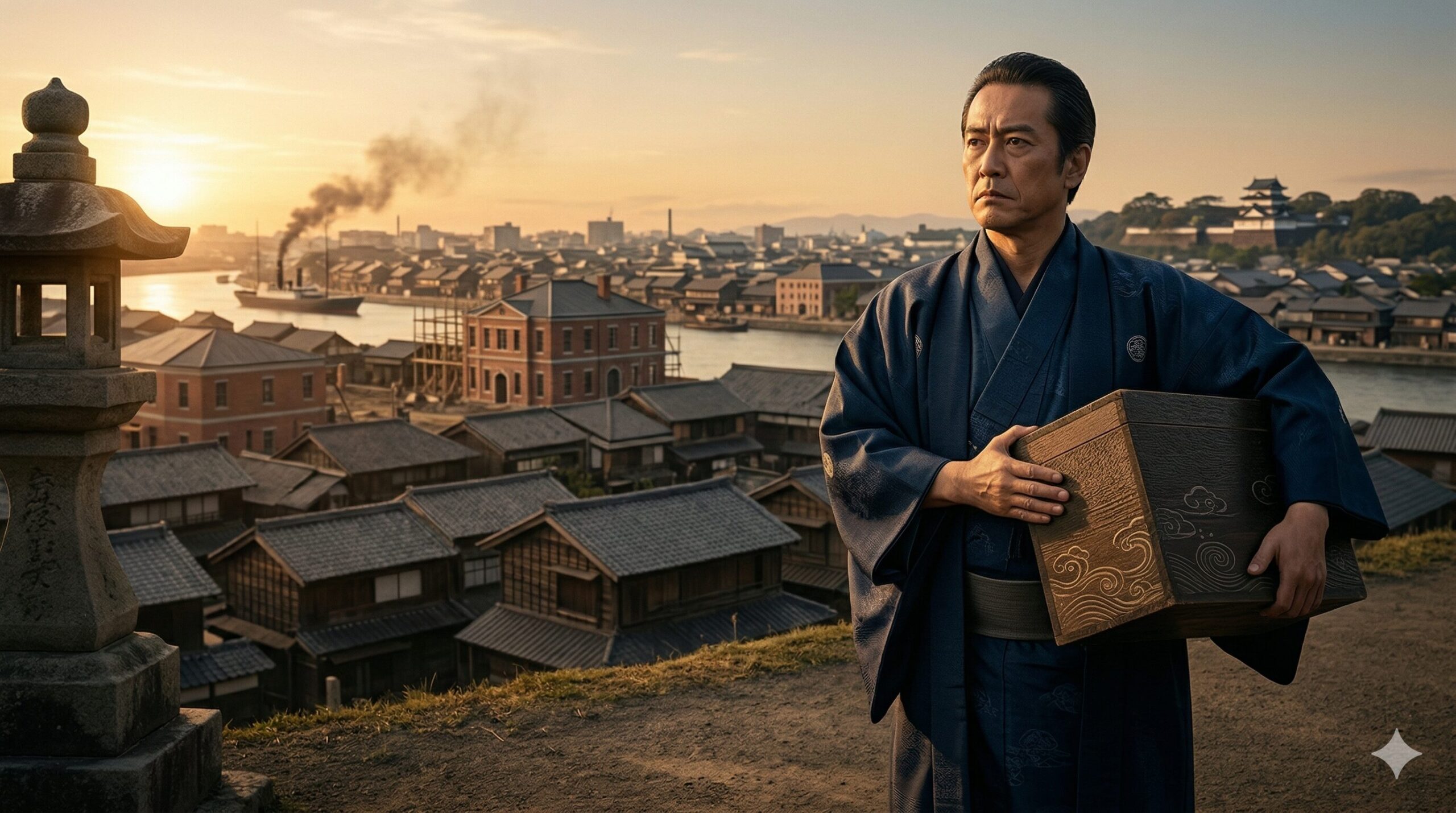 明治天皇東京遷都時、京都の老舗を背負う決意で、伝統的な木箱（掟書をイメージさせるblankの文様付き）を持って東京の新拠点を遠く見つめる日本人店主（和服）。 historical photorealistic style.