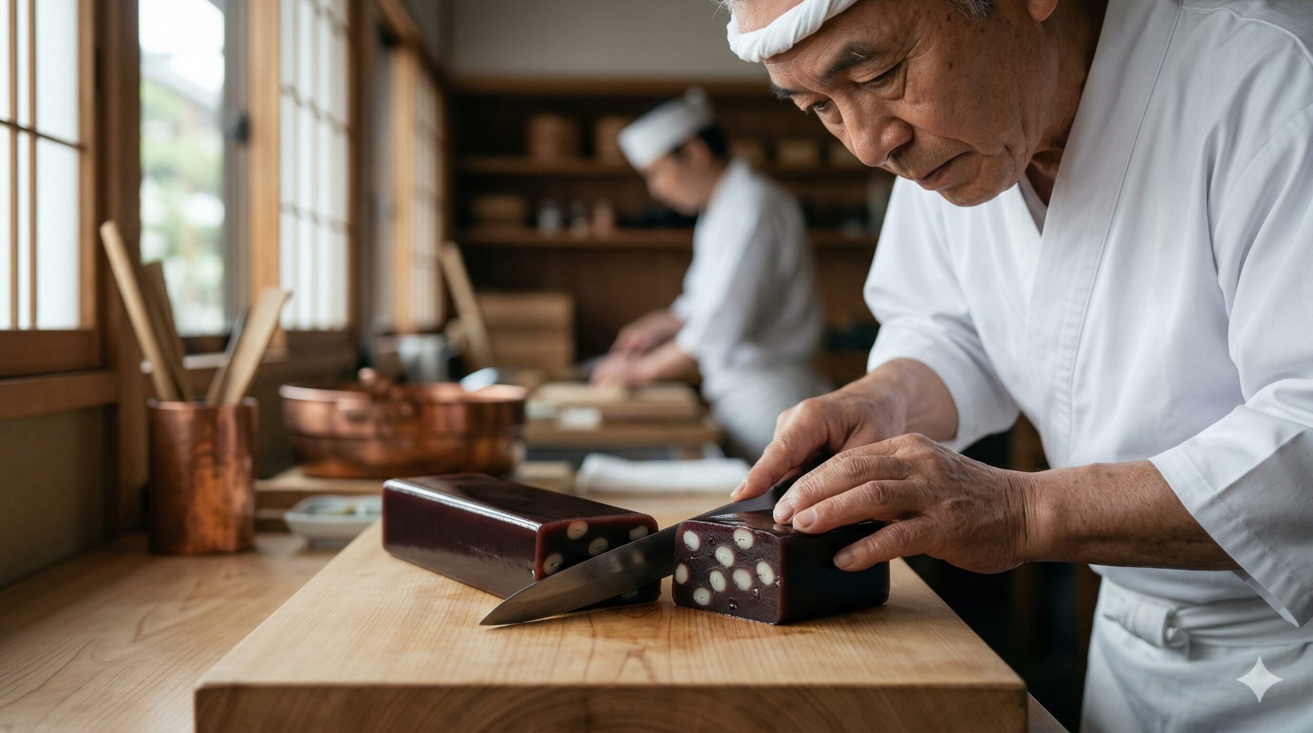 伝統的な和菓子工房で、熟練の日本人和菓子職人が羊羹「夜の梅」を精密に切り分ける瞬間。職人の手と煉りたての光沢のある羊羹の断面に焦点を当てた、専門性と伝統を感じさせるクローズアップ写真。切り出された断面には、暗闇に白く浮かび上がる梅の花（白い手亡豆）が鮮明に見える。