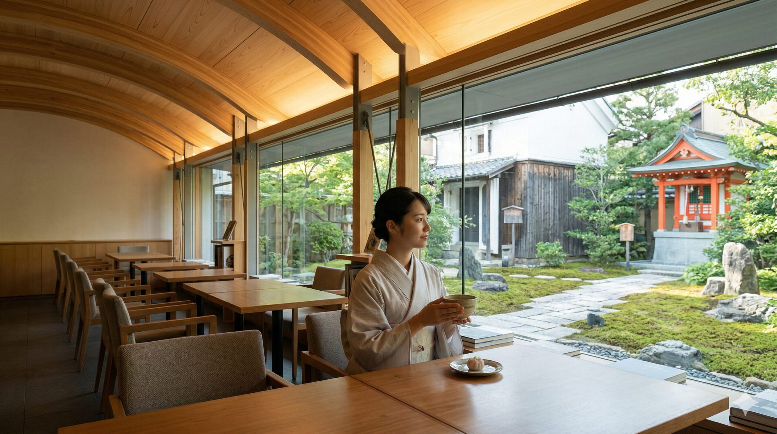 内藤廣氏設計のとらや京都一条店の「菓寮」内部。吉野杉の曲線天井と现代的なハイブリッド構造。大きなガラス窓越しに江戸時代から続く蔵と庭園が広がる。日本人客（着物姿）が庭園を眺め、お抹茶と生菓子を楽しむ静寂な空間。