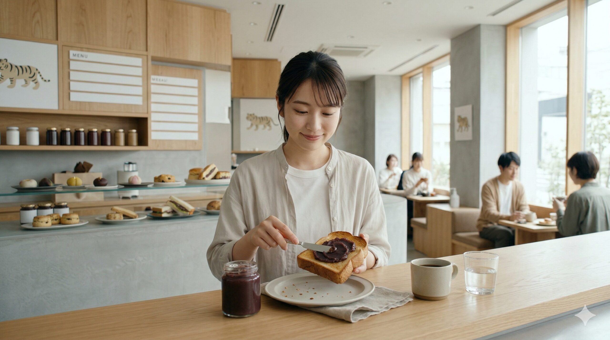 モダンでスタイリッシュなトラヤあんスタンドの店舗内部。明るい空間で、日本人女性客が、トーストにあんペーストを塗って楽しんでいる。カウンターには、和と洋を融合させたメニューが並ぶ。