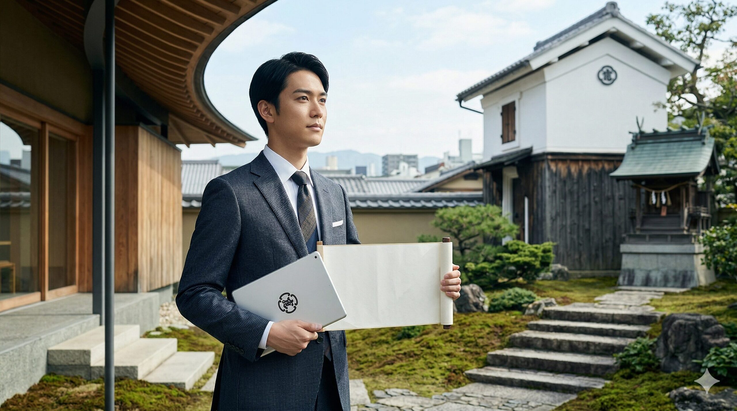 京都一条店の庭園に立つ、18代社長（黒川光晴氏）をイメージさせる聡明な日本人男性。伝統的な和の情景（苔、蔵、稲荷社）とモダンな建築（一条店）を背景に、掟書を象徴する空白の巻物と、未来の革新を象徴する空白のタブレットを手に持っている。彼は遠く（未来）を見つめており、伝統と革新の融合を表している