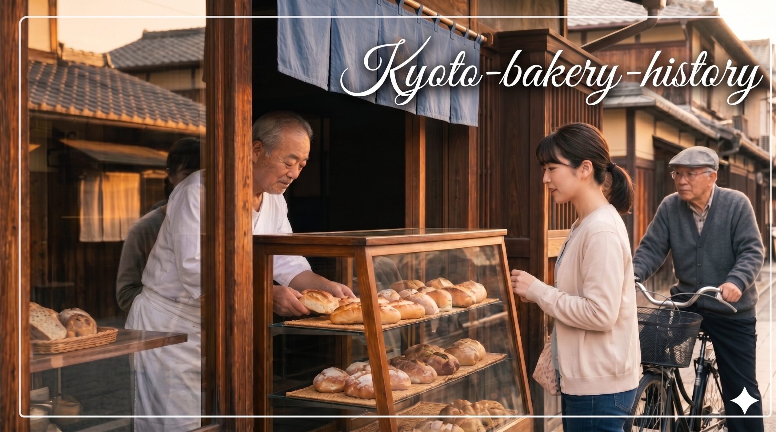 京都の伝統的な町家風ベーカリーの店頭を、朝の柔らかい光の中で捉えたものです。店主が焼きたてのパンを並べ、地元の日本人女性たちが訪れる様子を描写
