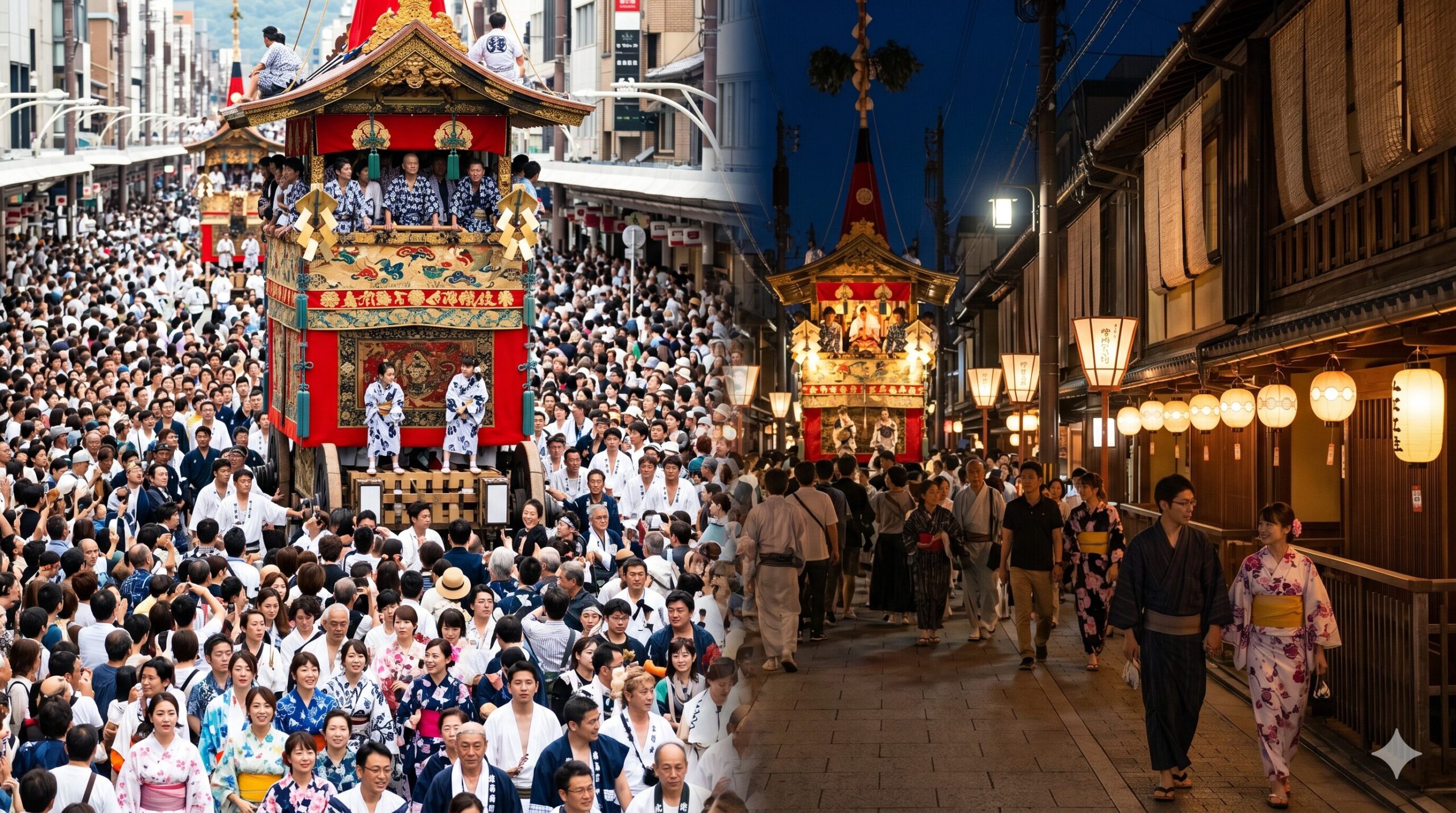 祇園祭の前祭（昼、大混雑、豪華な大鉾）と後祭（夜、静寂、提灯が灯る町家、小ぶりな山鉾）の巡行の様子を対比させたイメージ。