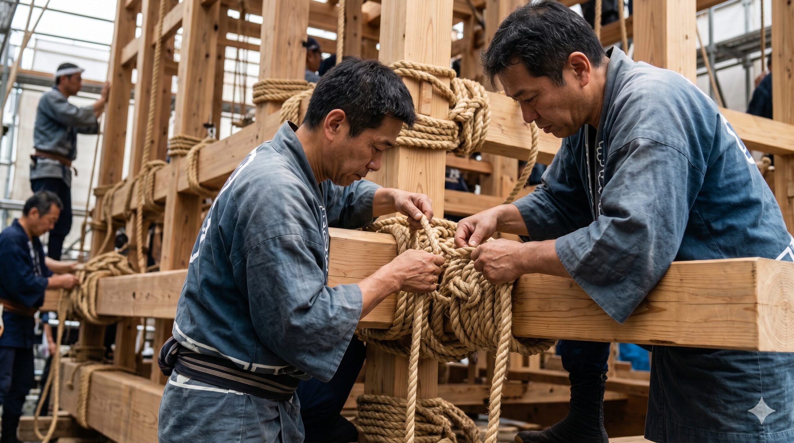 祇園祭の鉾建てで、熟練の日本人職人が釘を使わず荒縄だけで木材を固定する「縄がらみ」の伝統技術を駆使する様子。