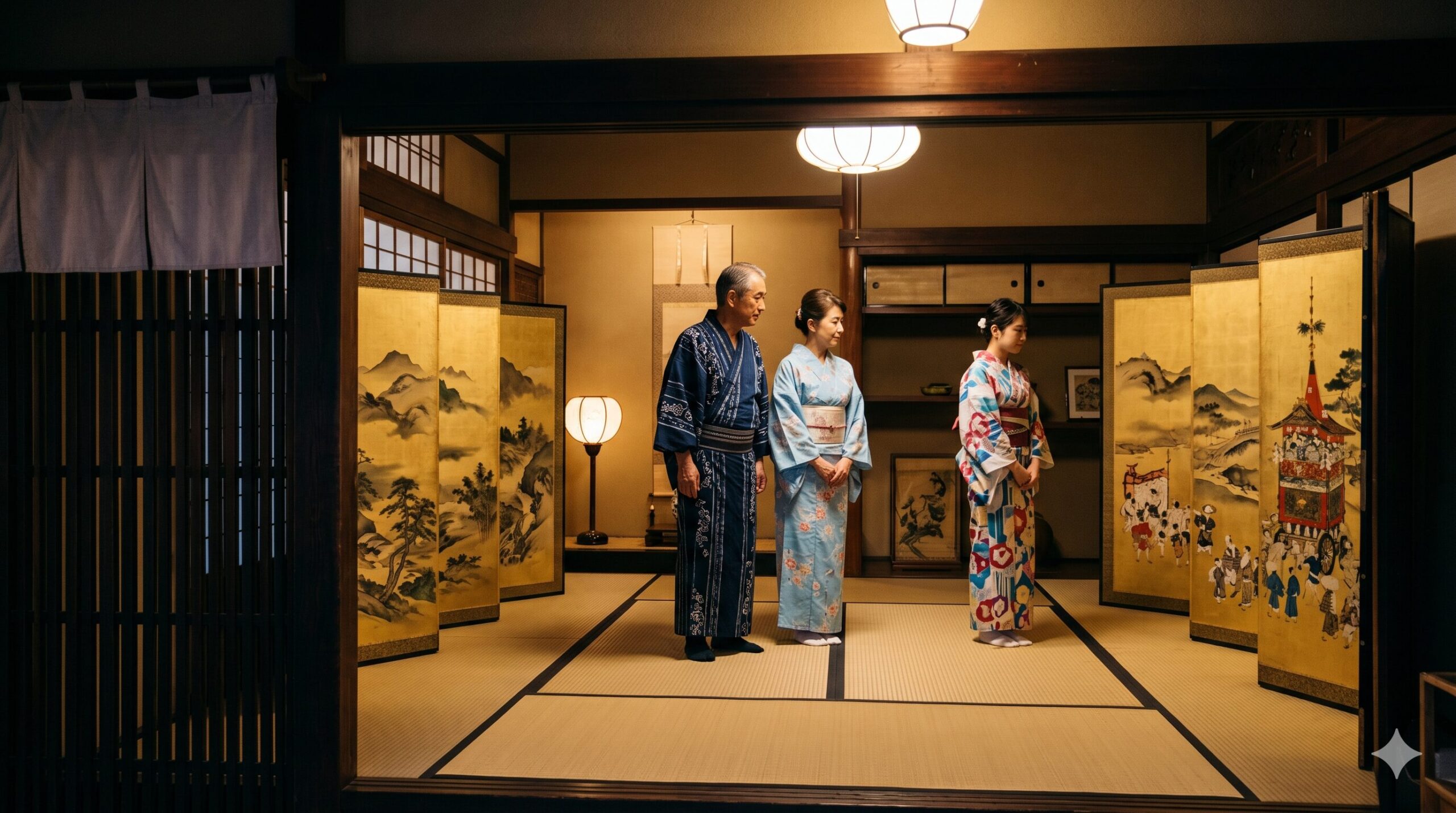 祇園祭の屏風祭。京都の伝統的な町家の奥座敷で、薄暗い中に美しく飾られた秘蔵の金屏風を静かに鑑賞する浴衣姿の日本人客。