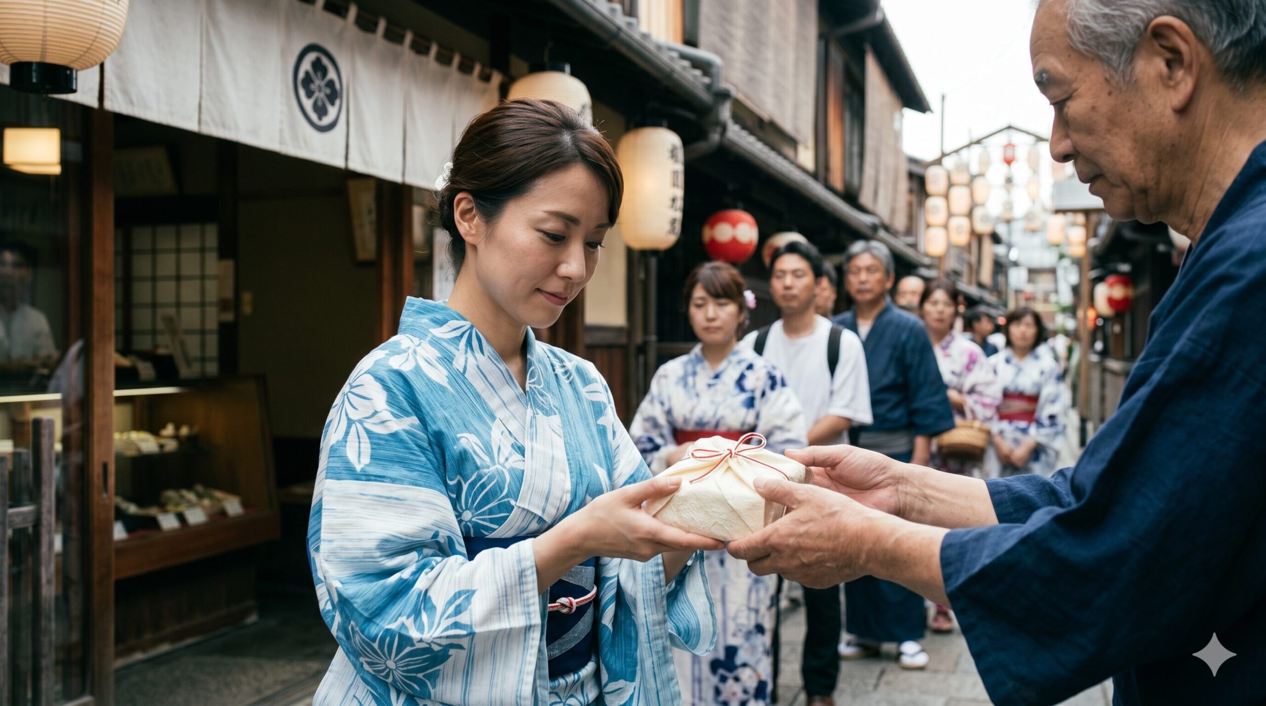 祇園祭の幻の和菓子「行者餅」。7月16日の早朝,京都の老舗和菓子店で、和紙に包まれた商品を大切に受け取る日本人女性。