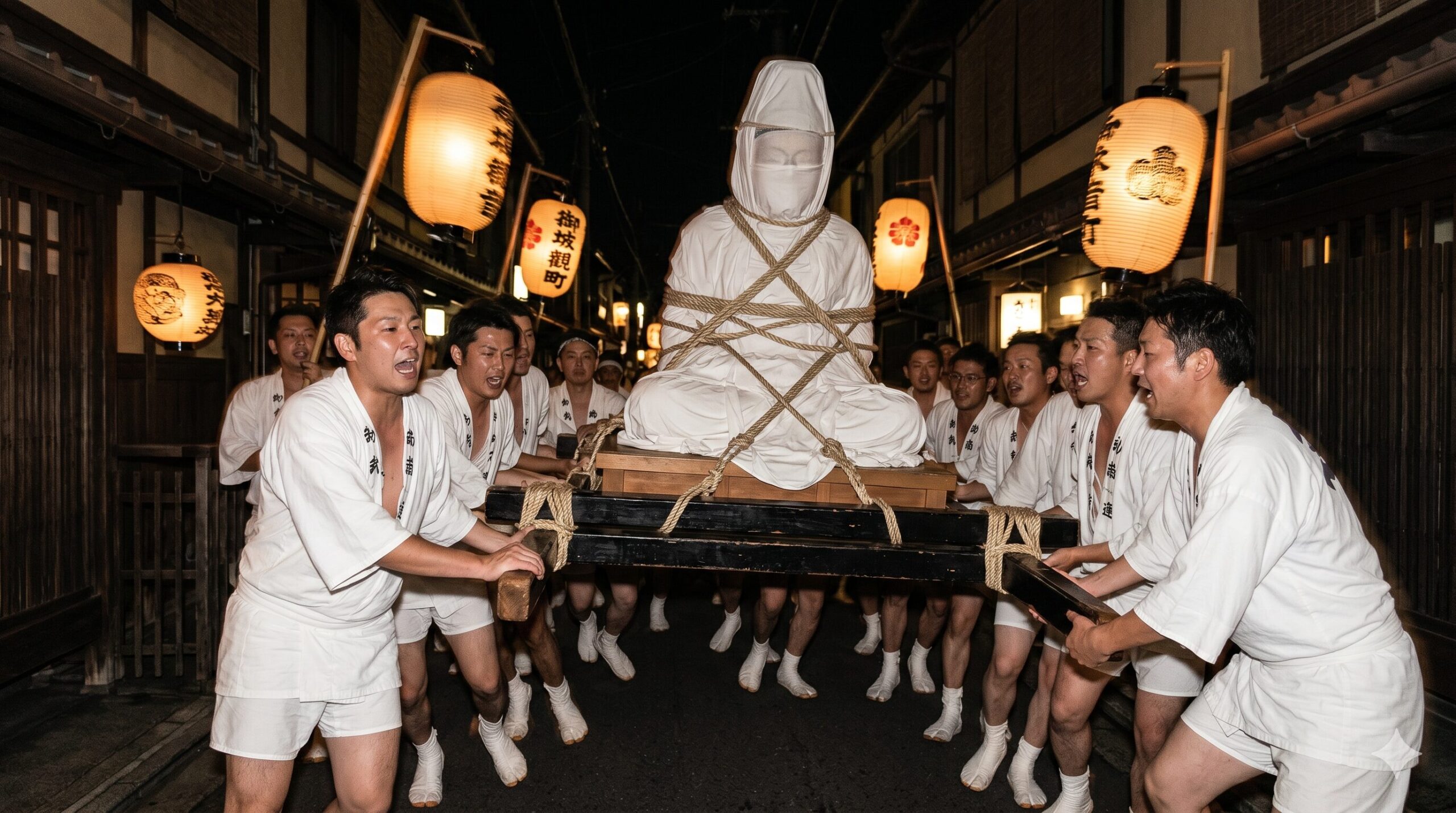 祇園祭の奇祭「あばれ観音」。深夜、白い布で巻かれた観音像を乗せた神輿を、大勢の男たちが激しく揺らしながら疾走する勇壮な様子。