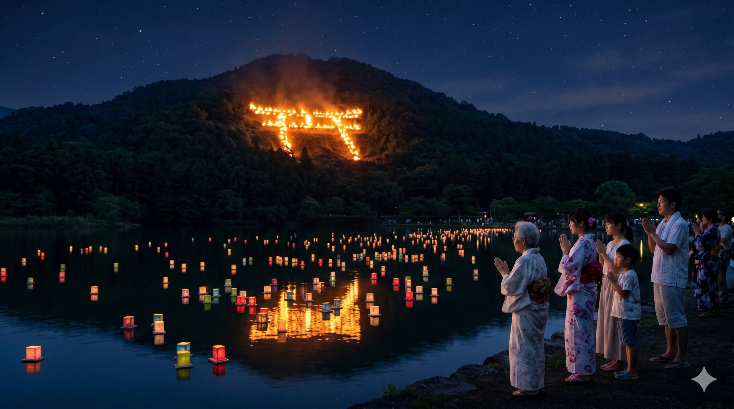 京都の広沢池で、水面に浮かぶ灯籠と、遠くの山に燃える「鳥居形」の送り火が織りなす幻想的な夜景。