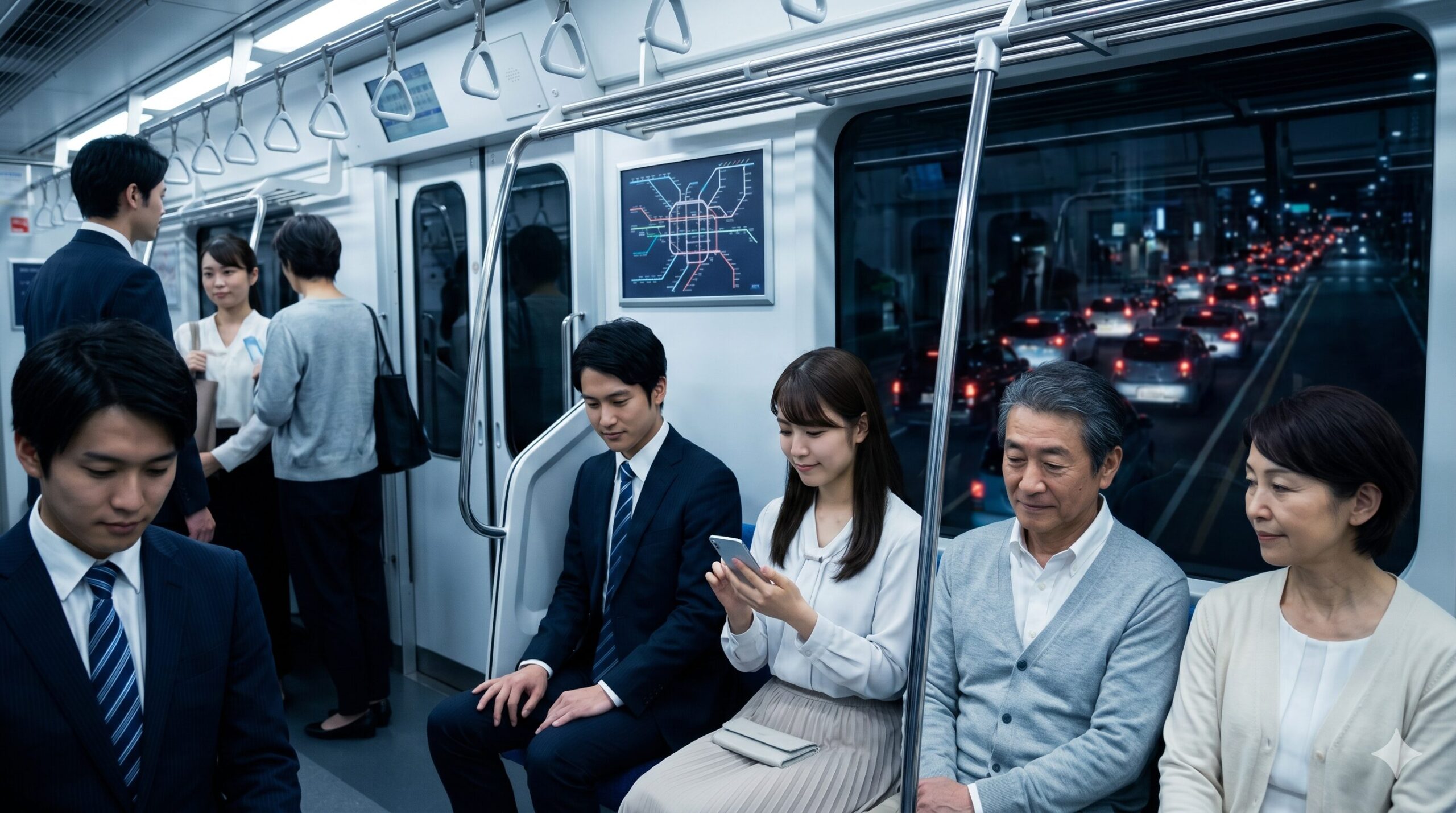 五山送り火の夜、混雑する地上を避けて、快適に移動できる京都市営地下鉄の車内。