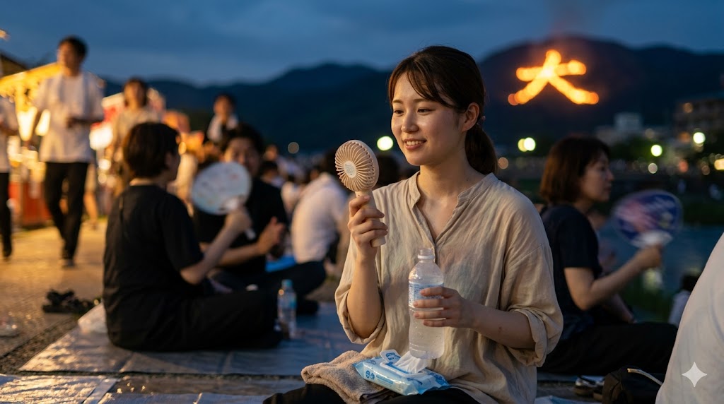 夏の京都、五山送り火の夜に、携帯扇風機と飲料水で熱中症対策をしながら鑑賞する日本人女性。