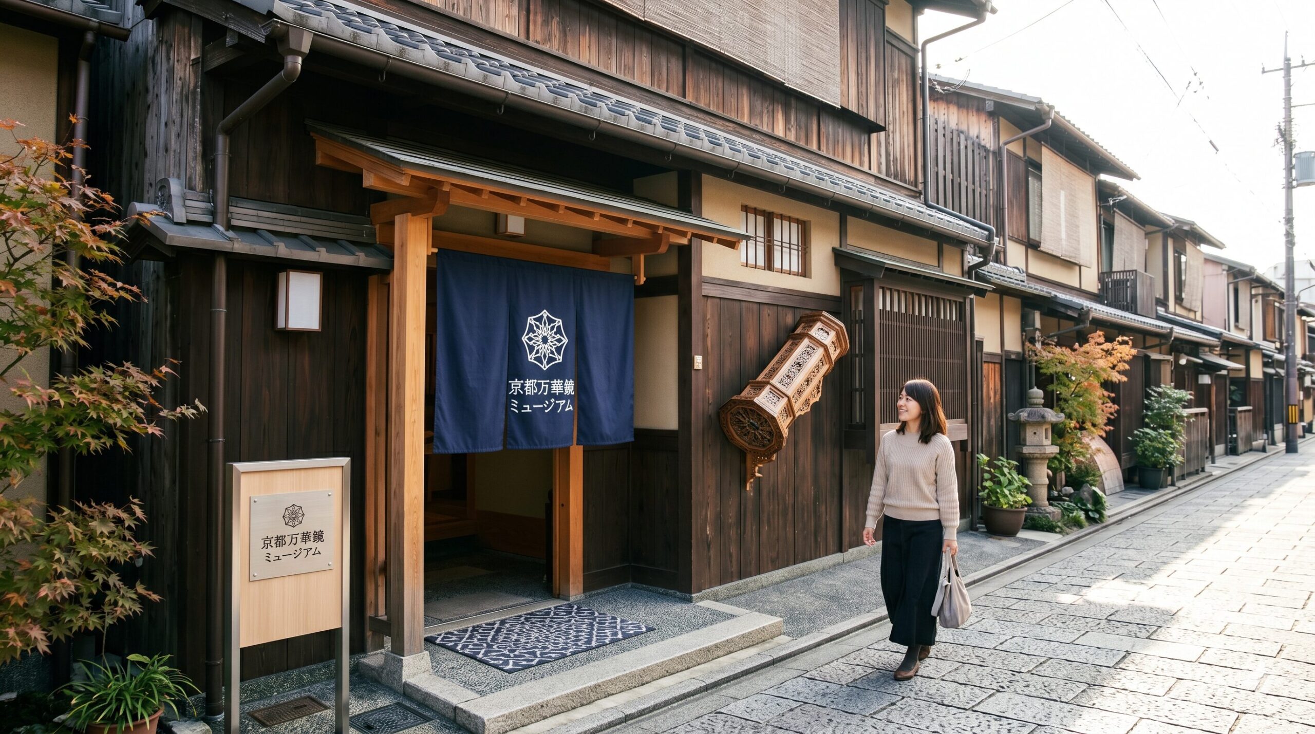 京都の姉小路通に面した、風情ある和風建築の京都万華鏡ミュージアムの入り口付近。日本人女性2人が建物を眺めている様子。