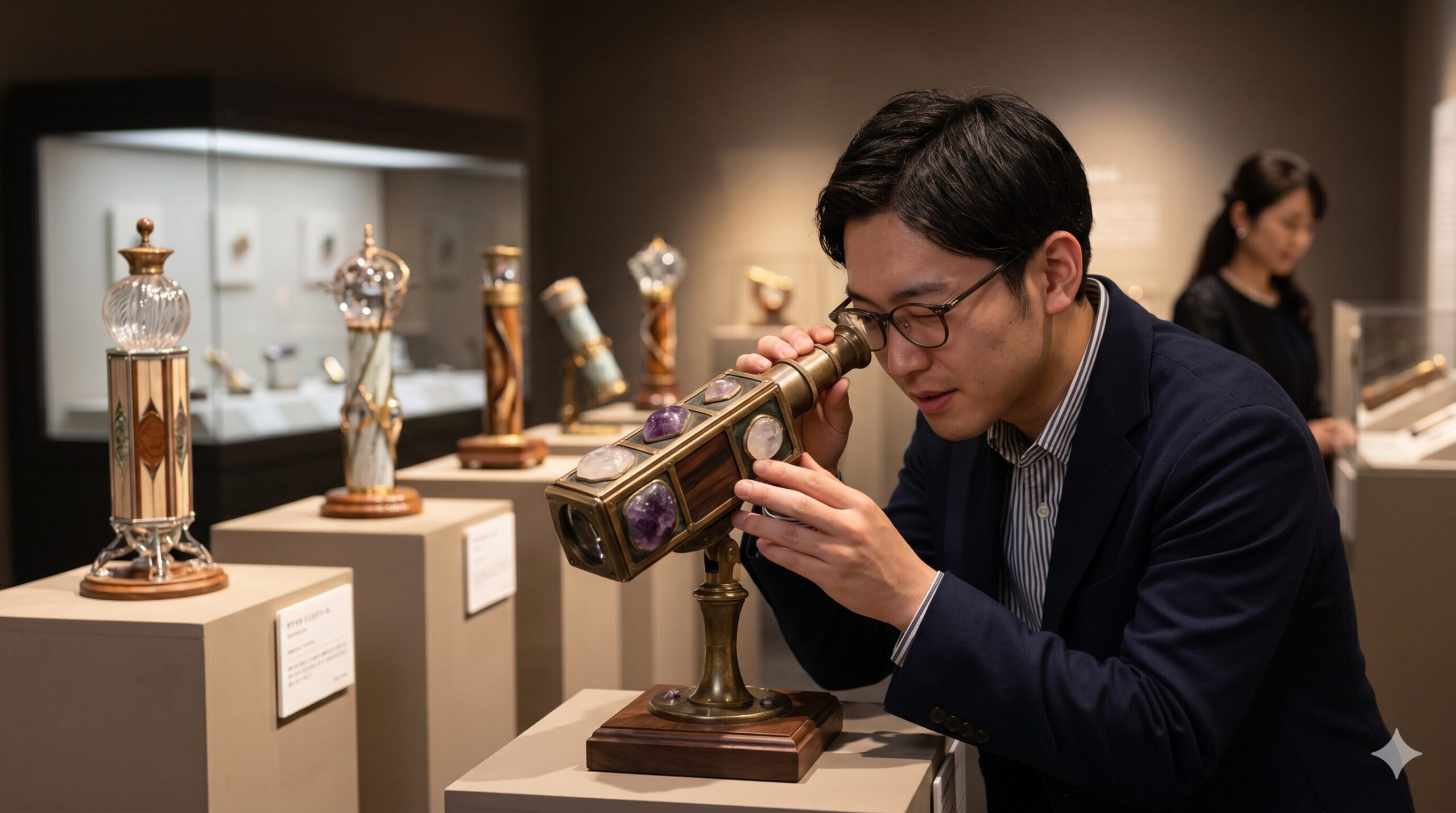 ミュージアムの展示室で、ガラスケースに入った芸術的な万華鏡作品を熱心に覗き込み、鑑賞する日本人男性。