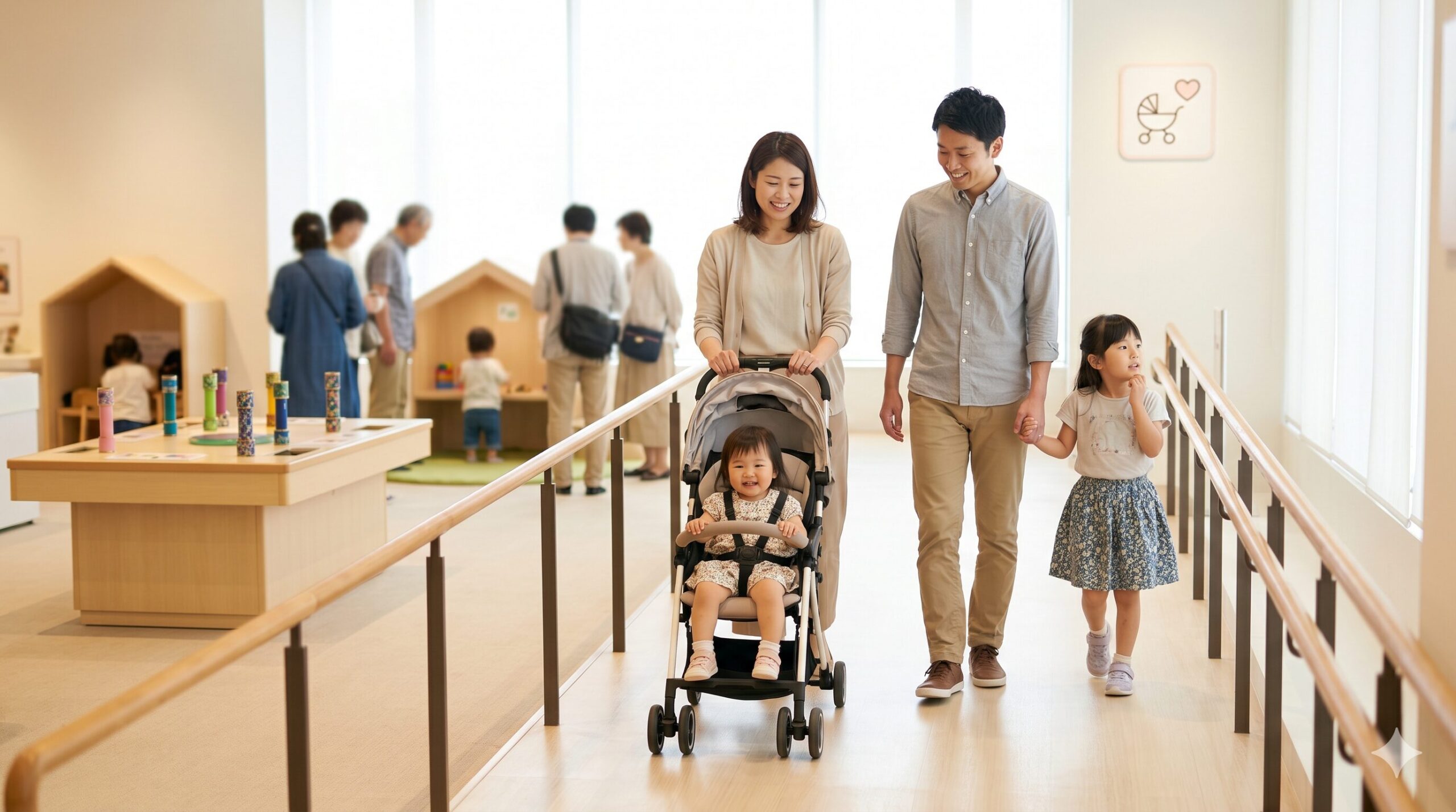 館内の明るく広い通路を、ベビーカーを押して笑顔で歩く日本人家族。段差のないバリアフリー設計。