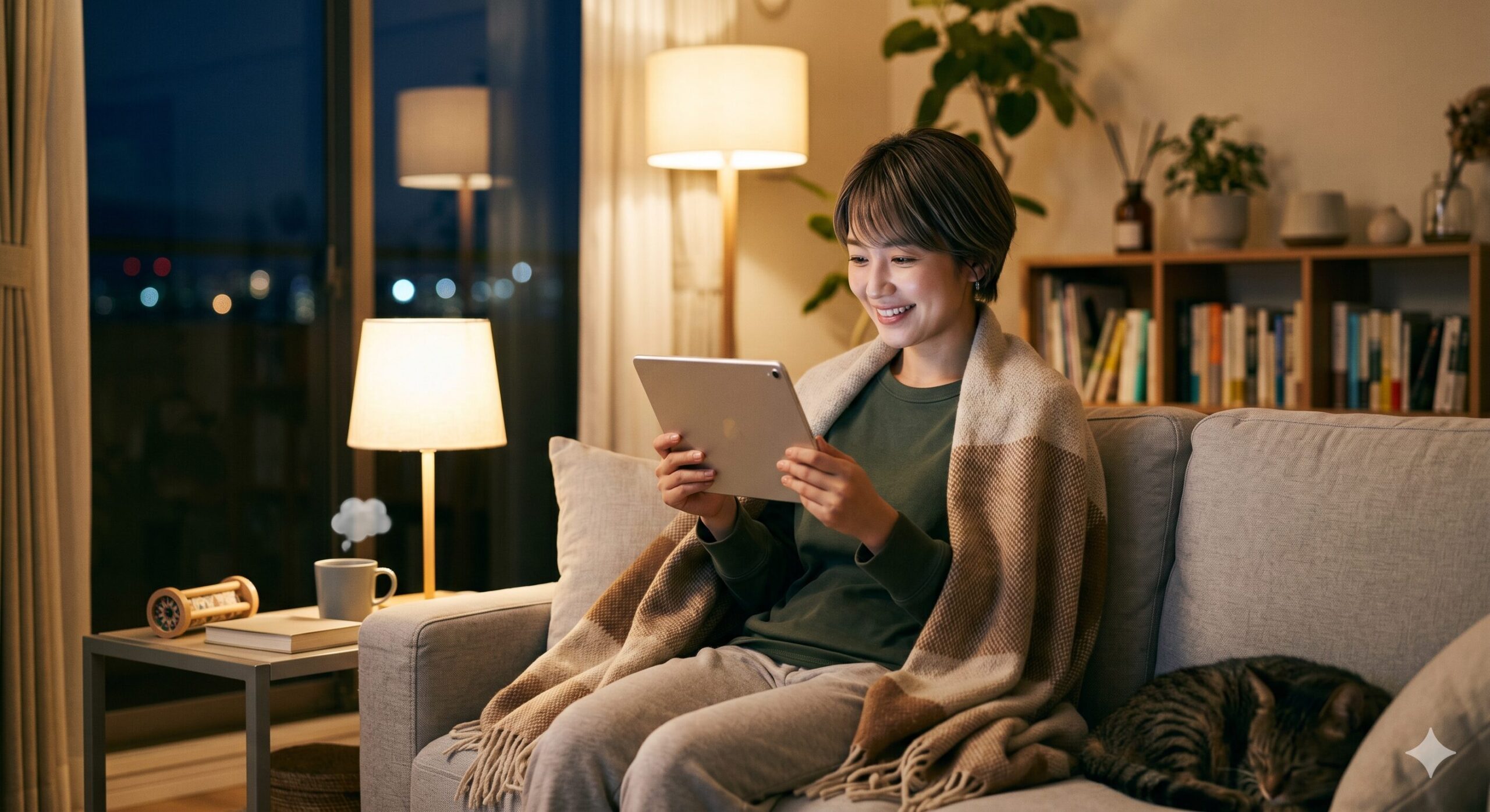 自宅のソファでリラックスしながら、タブレット端末で京都万華鏡ミュージアムの美しい投影動画を鑑賞する日本人女性。
