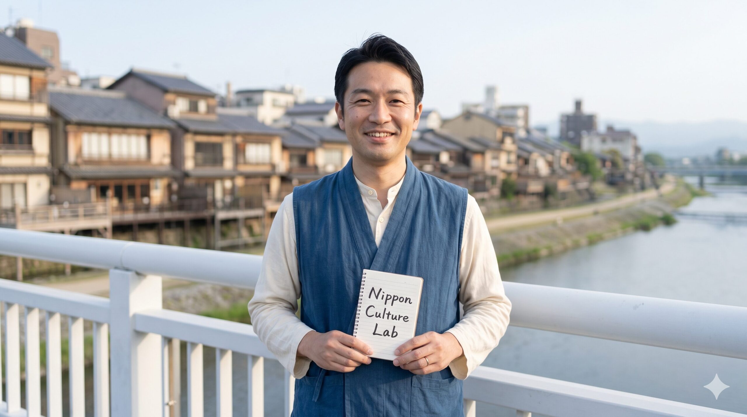 鴨川のほとりで微笑む日本文化ラボ運営者「samuraiyan」のポートレート。手に「Nippon Culture Lab」と書かれたノートを持っている。背景には祇園の伝統的な町並みが広がる。