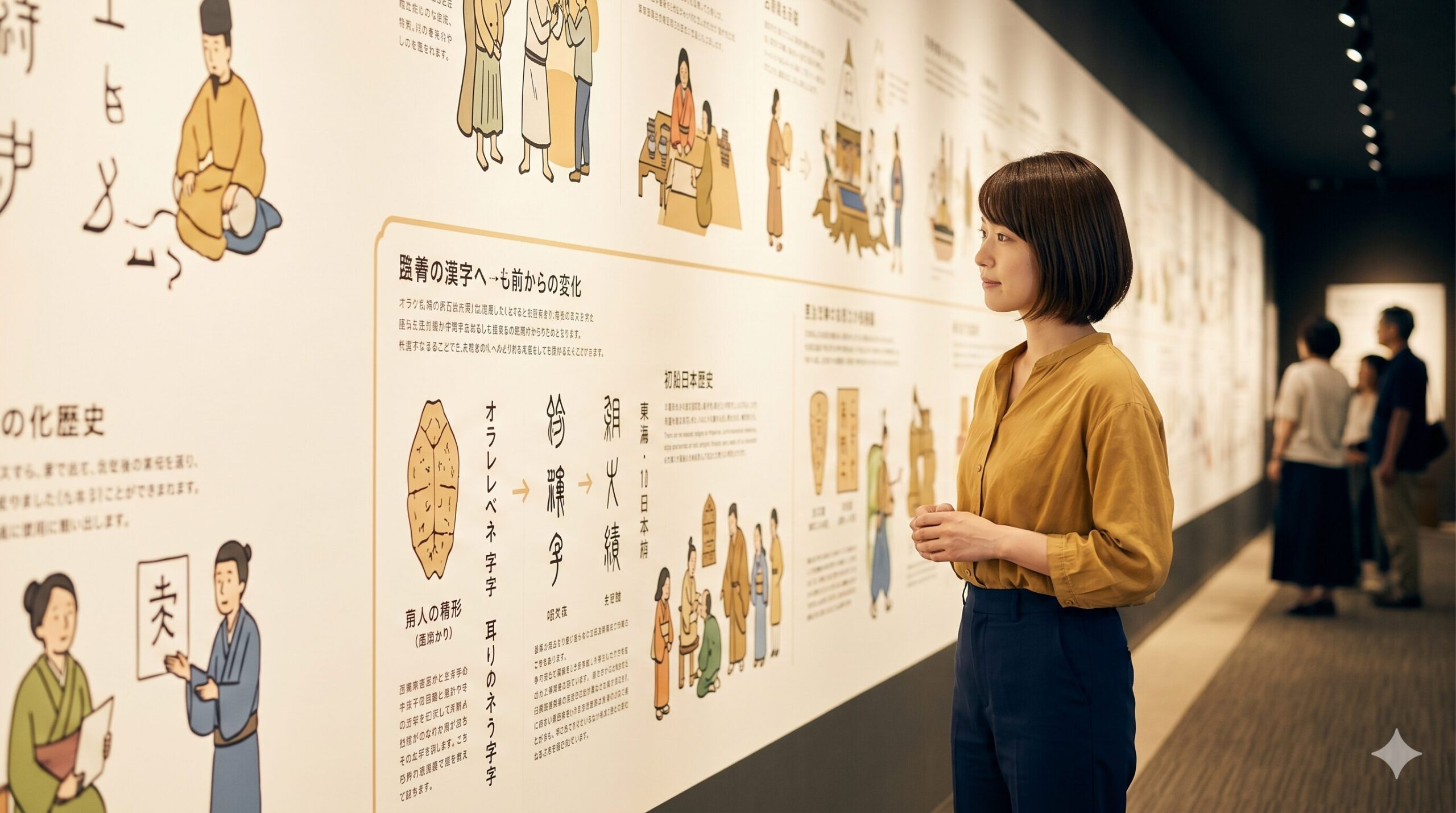 漢字ミュージアム1階にある、全長30メートルの「漢字の歴史絵巻」展示。日本人女性が甲骨文字から万葉仮名への変遷を描いたパネルに見入っている。