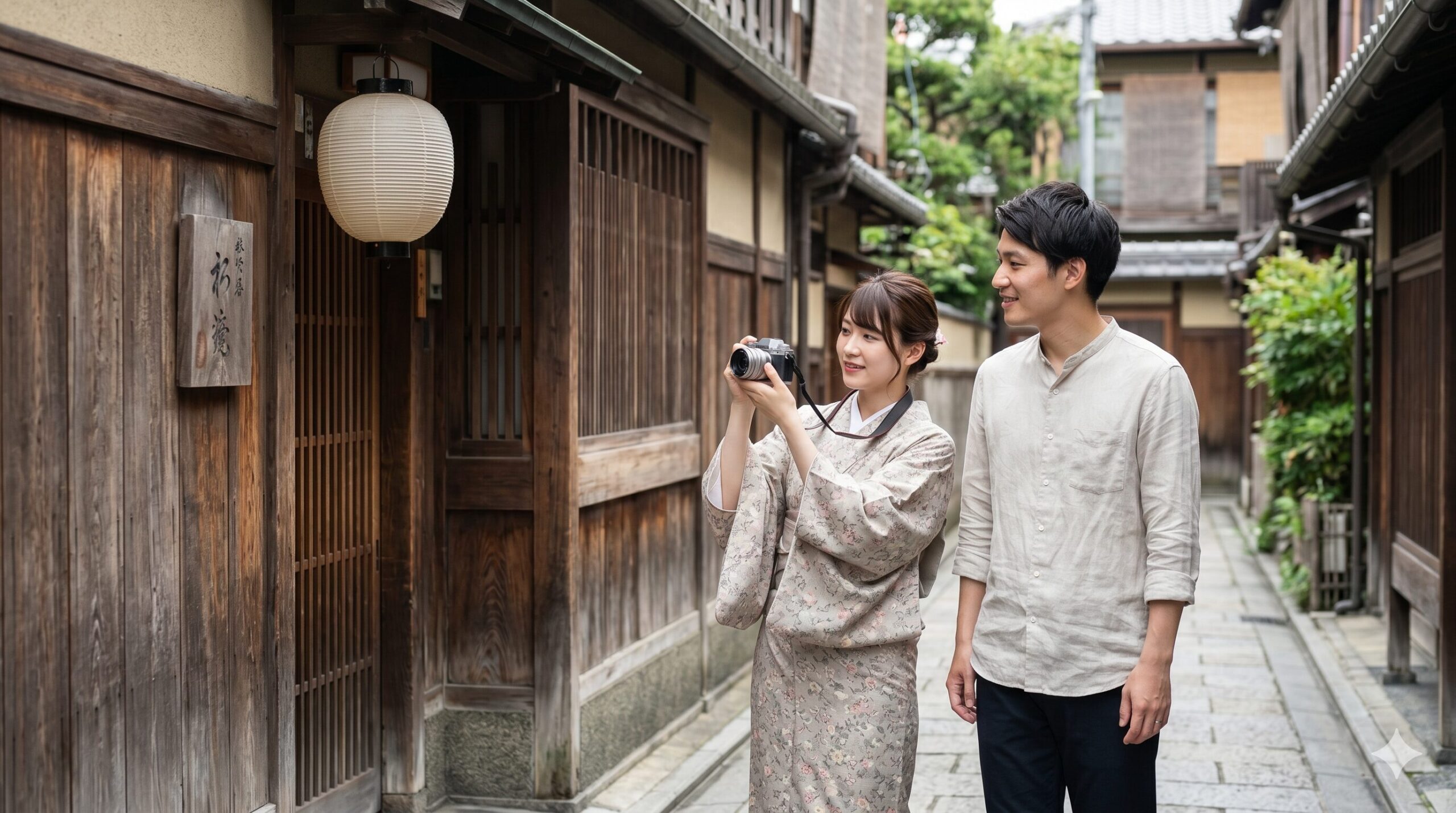 祇園の石畳の裏路地を歩く日本人カップル。女性がカメラを手に、古い町家の壁に掛けられた、伝統的な漢字が書かれた木の看板（看板）を撮影している。