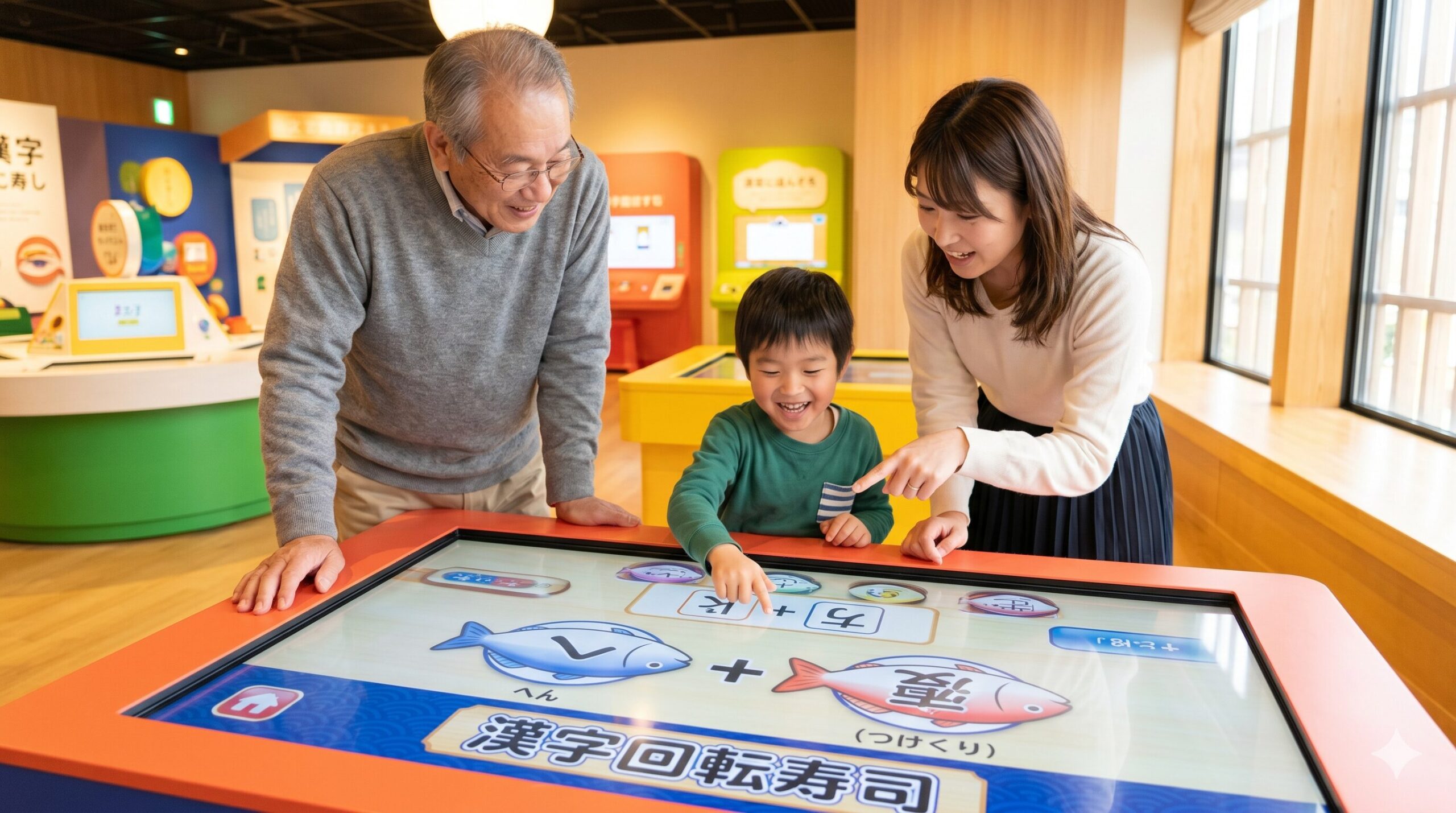 漢字ミュージアム2階の体験フロア。日本人家族（祖父、母、息子）が、偏と旁を組み合わせる巨大なタッチパネルゲーム「漢字回転寿司」を楽しそうに体験している。 画像5