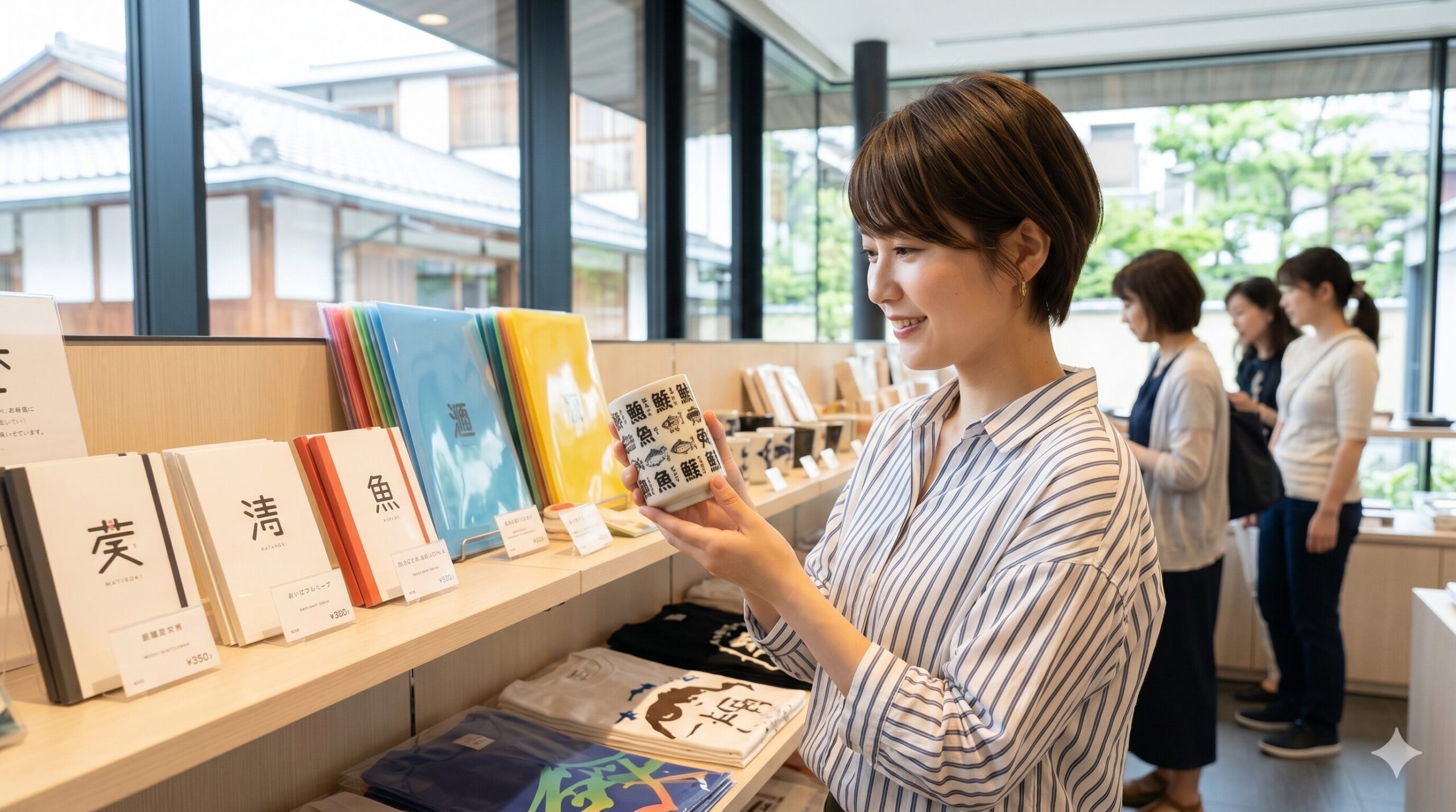 祇園漢字ミュージアムショップの店内。日本人女性が、魚偏の漢字がデザインされた寿司湯呑みを手に取り、笑顔で眺めている。周囲には文房具やTシャツなど、多彩な漢字グッズが並ぶ。