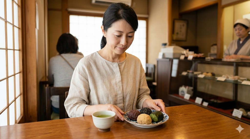 祇園の老舗「小多福」の店内。日本人女性が、あずき、きなこ、青のりなど、色とりどりの一口おはぎが並んだ皿を前に、温かいお茶を飲みながらくつろいでいる。