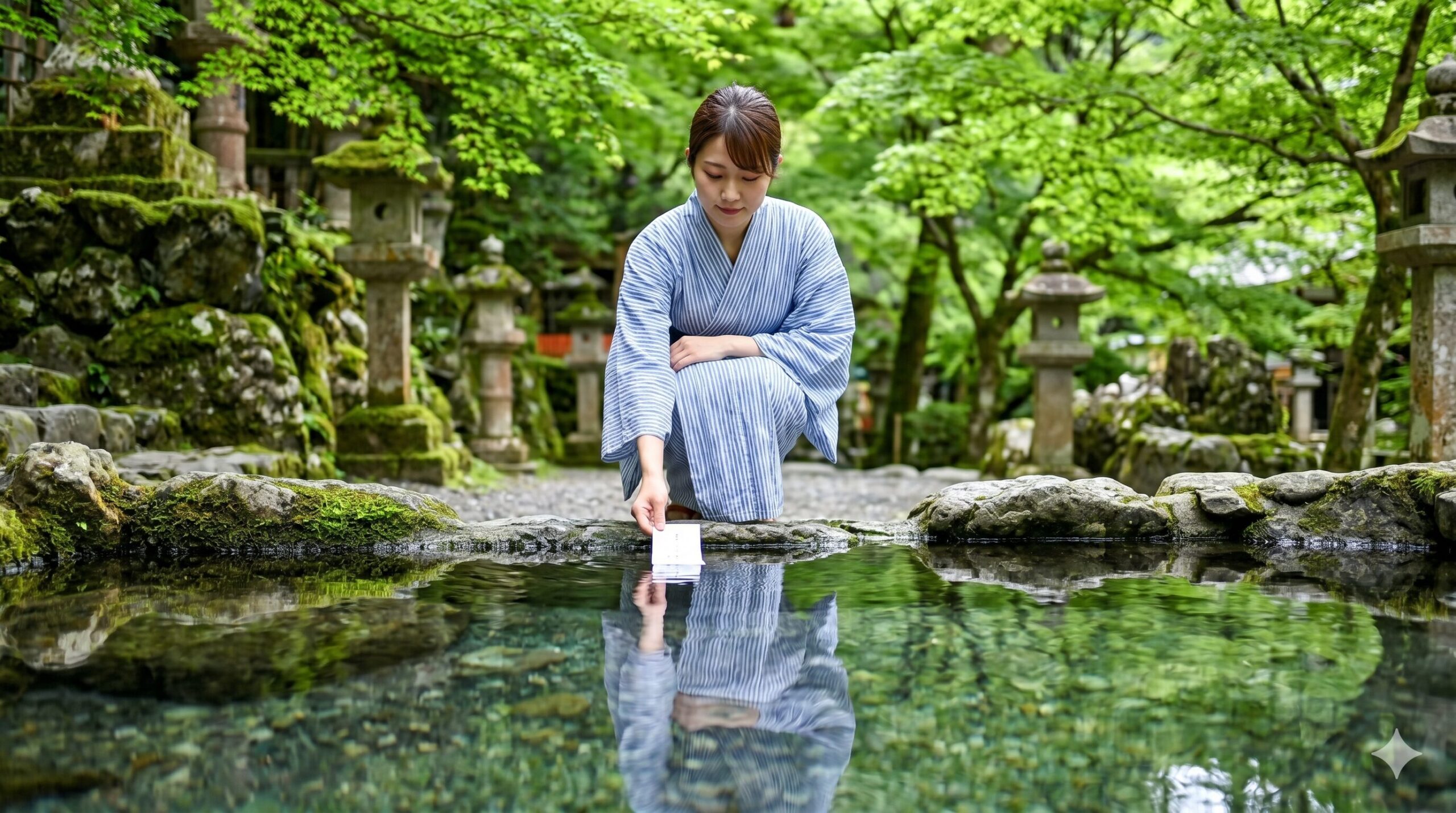 貴船神社の御神水に浮かべた水占みくじ。水面に浮かぶ白い紙から、日本語の占いの文字がじわじわと浮かび上がってくる神秘的な瞬間を捉えた写真。背景には苔むした石、青もみじ、石灯籠が見える。