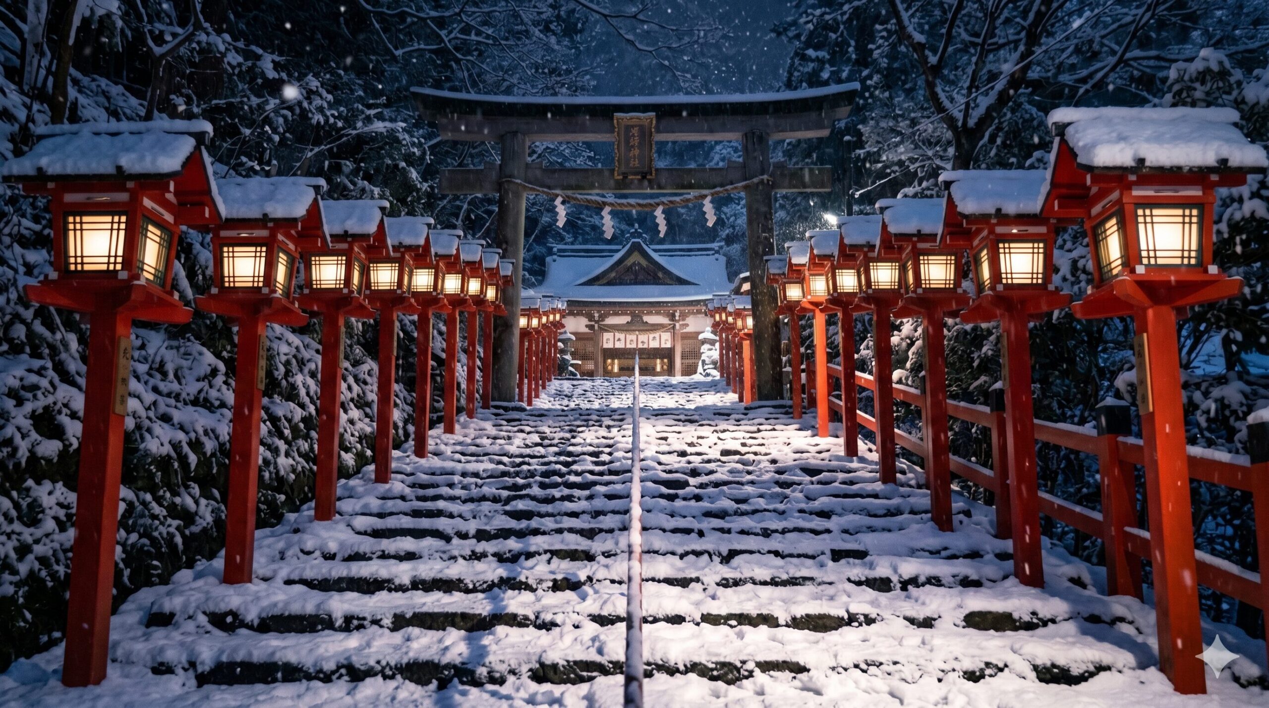 冬の積雪日限定で行われる貴船神社の夜間ライトアップ。深い雪に覆われた参道の石段の両脇に、温かい光を放つ朱色の灯籠がどこまでも続く、幻想的で静寂な奇跡のような光景。