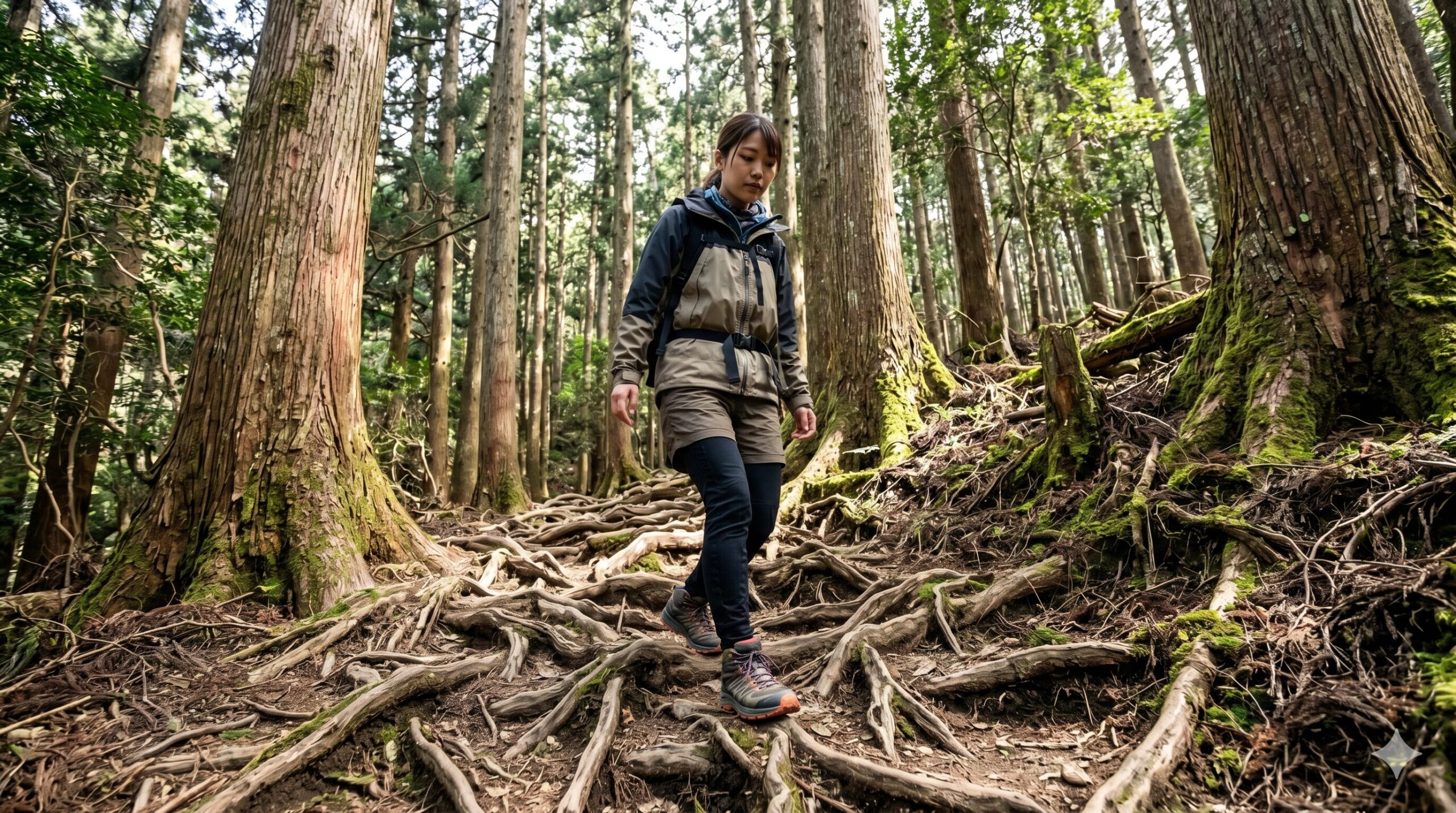 鞍馬山から貴船神社へ続くハイキングコースの難所「木の根道」。複雑に地表を這う杉の巨木の根の上を、トレッキングシューズを履いた日本人の若い女性が慎重に歩いていく様子を捉えた、自然の生命力を感じる写真。