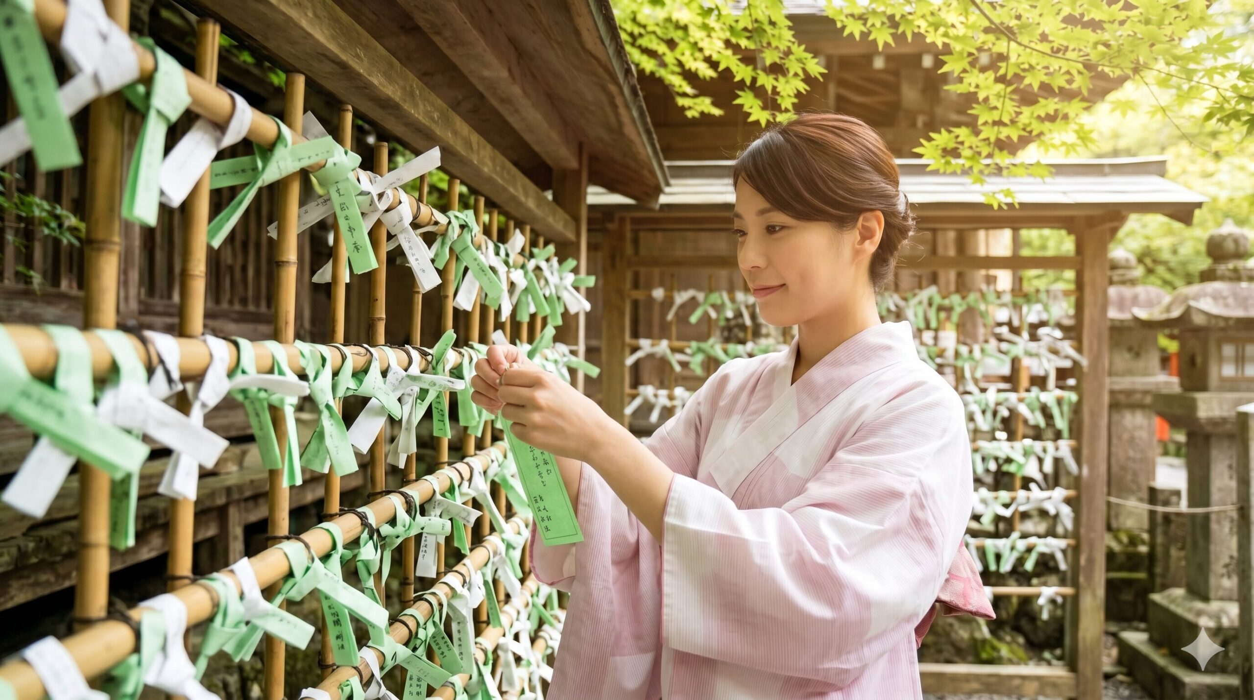 貴船神社の結社（中宮）で、浴衣姿の日本人女性が緑色の「結び文」に願い事を書き、境内の結び所に丁寧に結びつけている様子。平安時代から続く縁結びの信仰と、自分自身の心を見つめる儀式を象徴する写真。