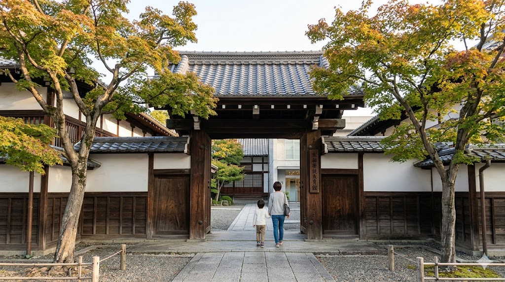 京都市学校歴史博物館の伝統的な和風建築の外観。明治維新期の上京番組小学校の跡地に建ち、現在は教育相談機関「パトナ」が併設されている。京都の深い教育への情熱と歴史を伝える施設。