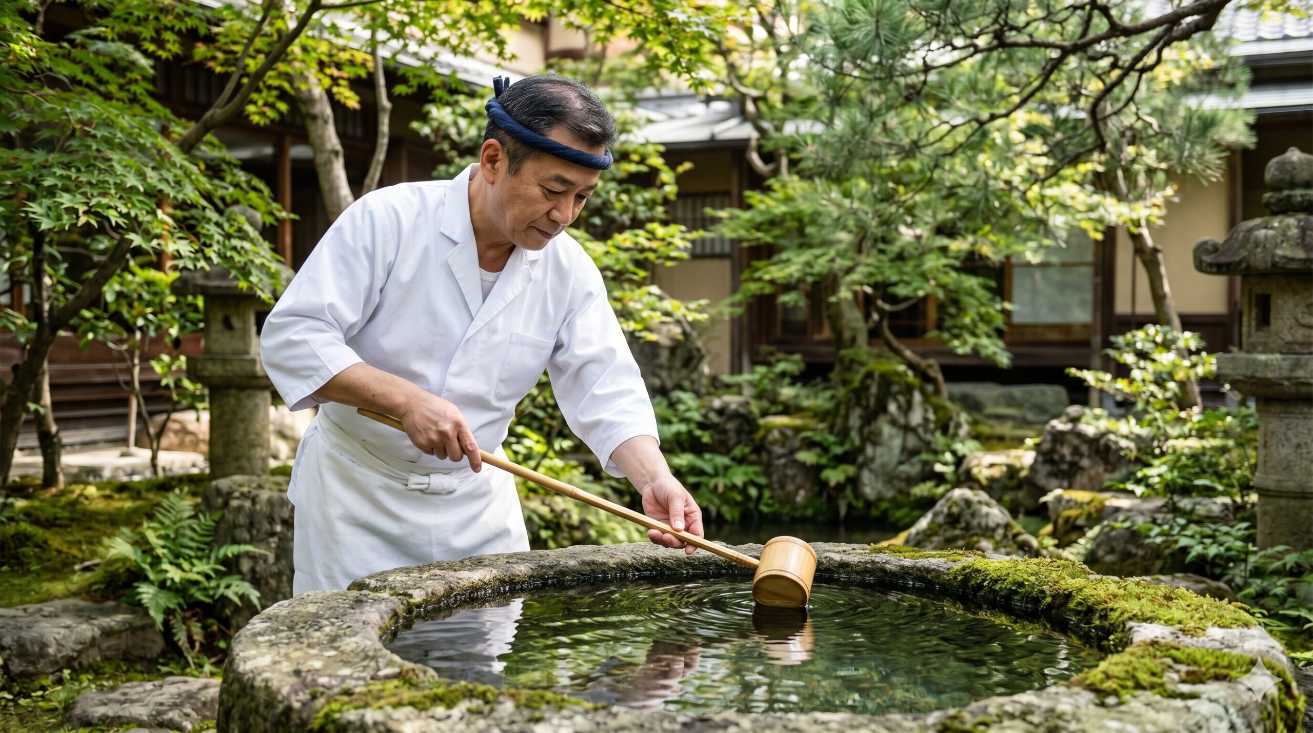 京都・菊乃井本店の庭園にて、伝統的な調理着姿の熟練日本人料理人が、歴史ある石造りの「菊水の井戸」から清らかな水を汲む静謐な情景。