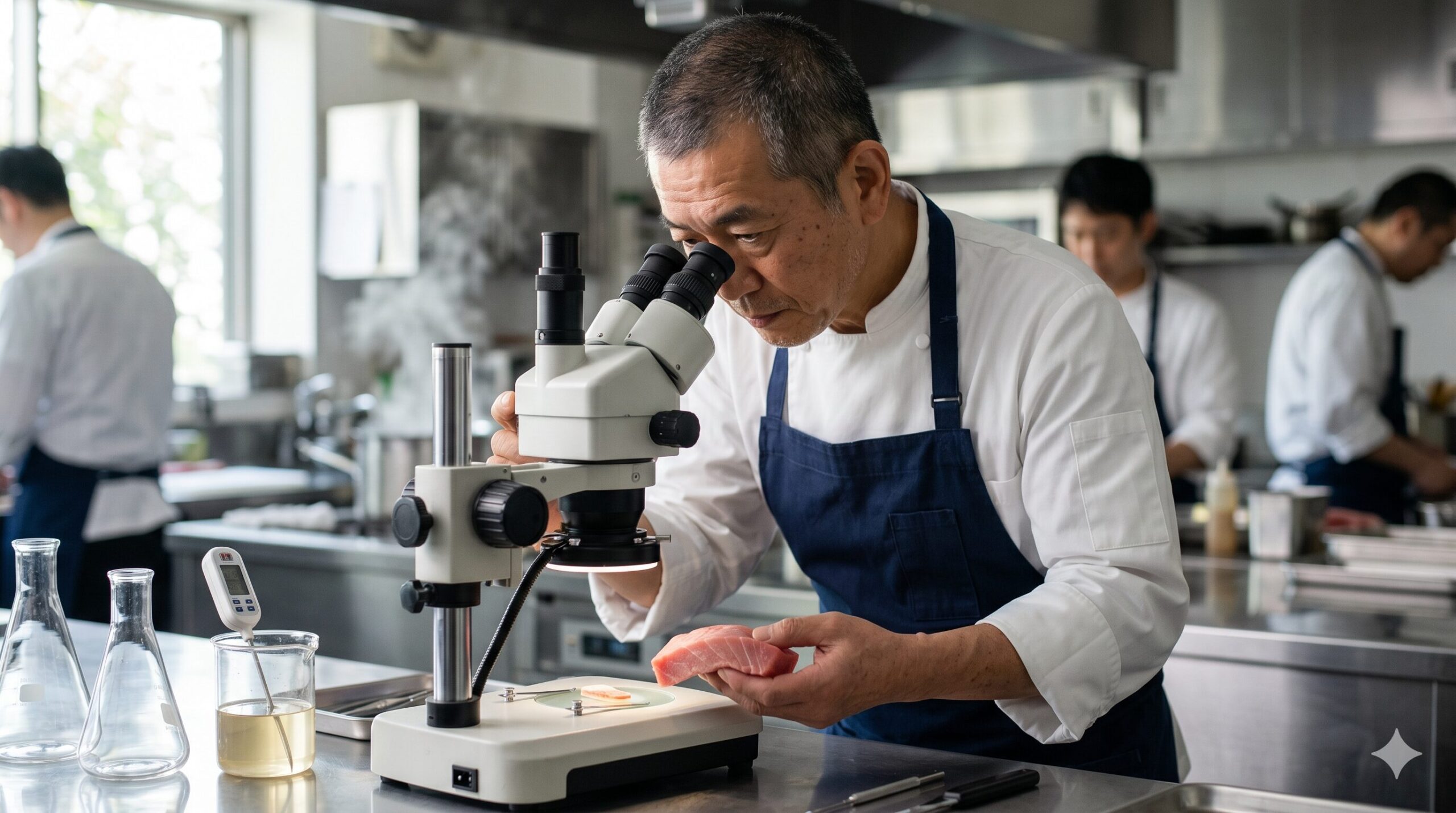 清潔な和食の厨房で、真剣な表情のベテラン日本人料理長（村田吉弘氏をイメージ）が、新鮮な食材を顕微鏡で観察し、科学的なアプローチで料理を研究している様子。