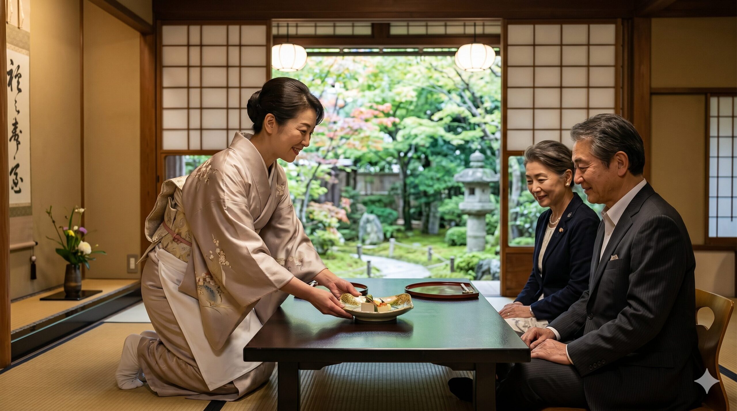 格式高い伝統的な京都の料亭の個室で、和服姿の日本人仲居さんが、上品な笑顔で客に懐石料理の一皿を丁寧に提供している様子。