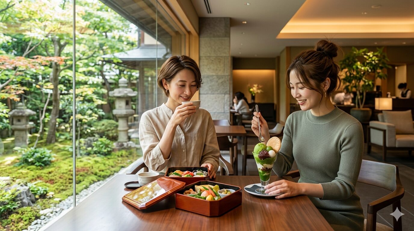 菊乃井が手掛ける「無碍山房」のモダンで落ち着いた店内で、美しい庭園を背景に、色鮮やかな「時雨弁当」と濃厚な「抹茶パフェ」を前にして寛ぐ情景。