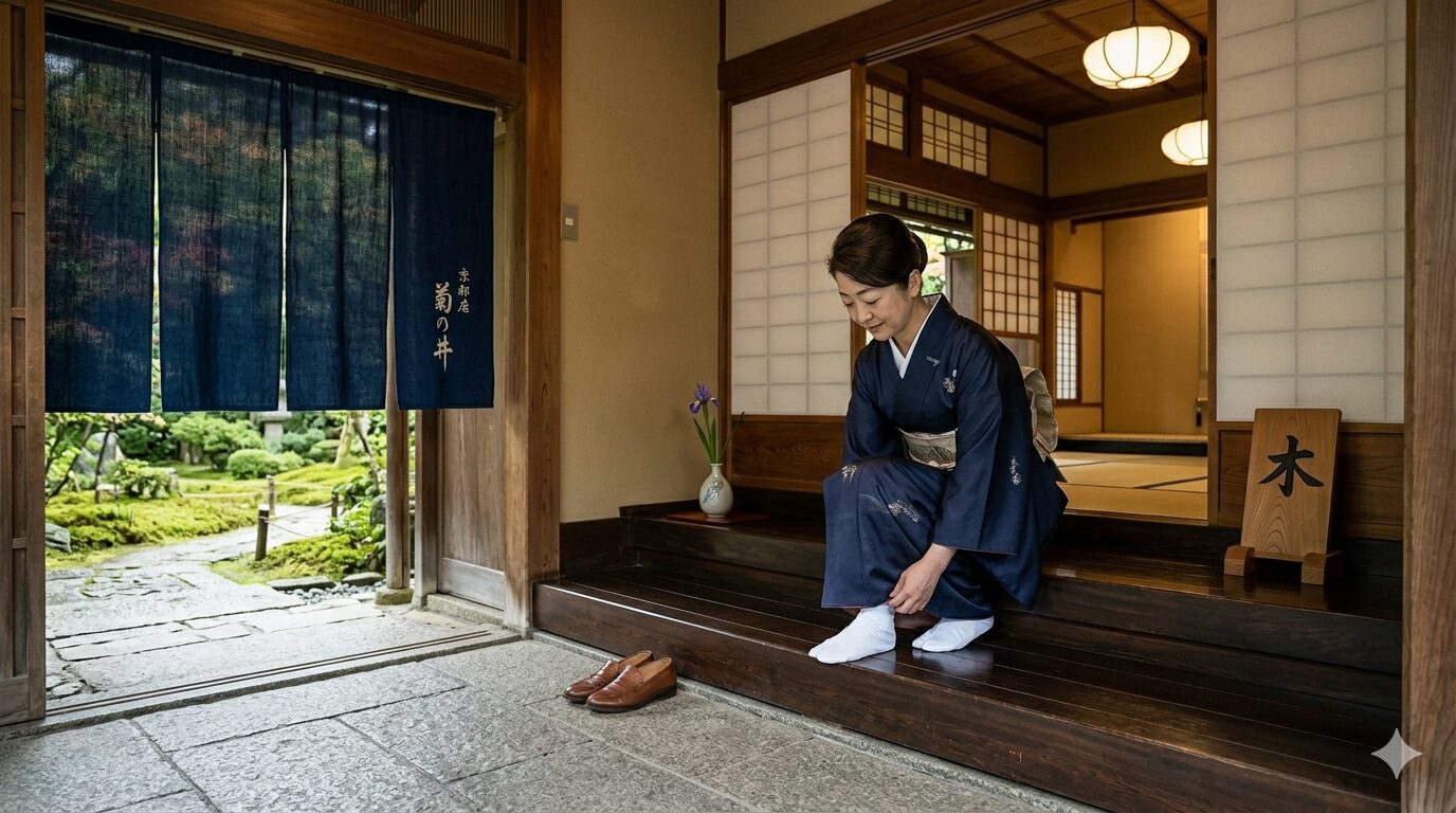 格式高い伝統的な京都の料亭（菊乃井本店）の玄関先。和服姿の日本人女性が、持参した清潔な白い靴下に履き替えるために所作を整えている様子。