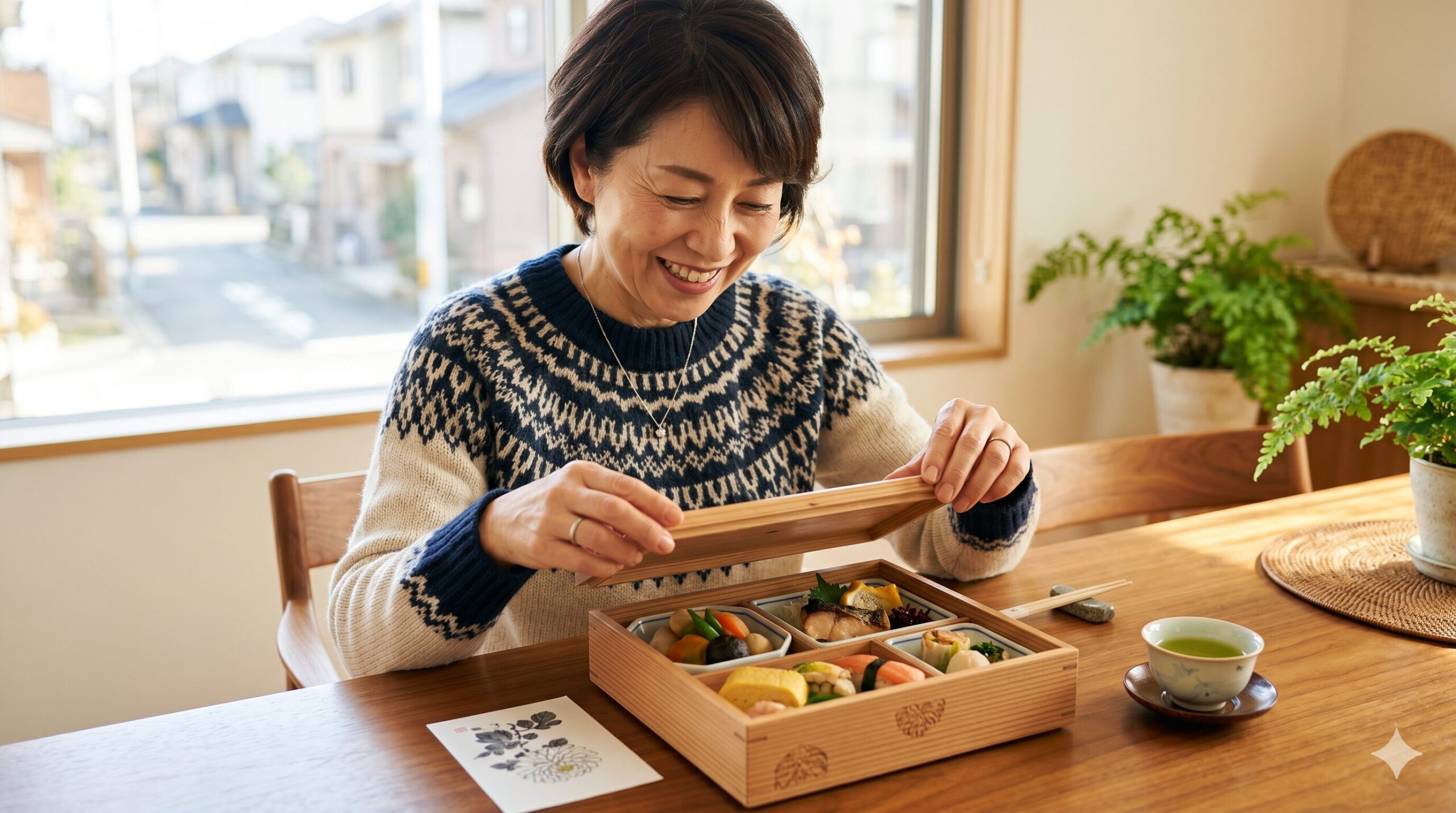 日本の家庭で、高島屋の包み紙から取り出された菊乃井の特製懐石弁当を、上品な日本人女性が開けようとしている様子。