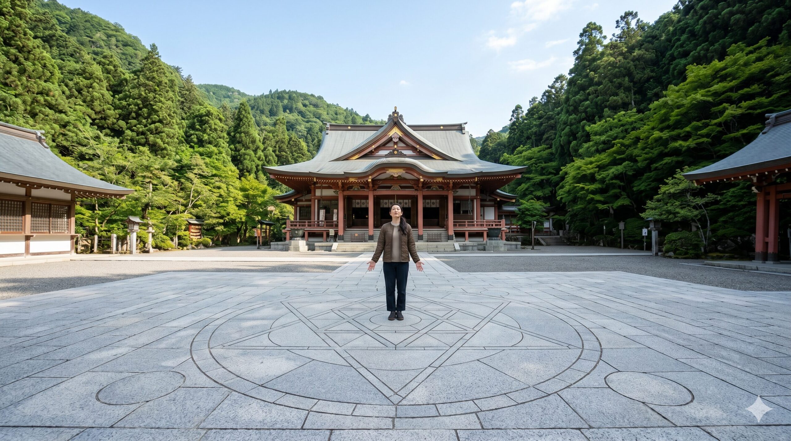 鞍馬寺の本殿金堂前に広がる幾何学的な意匠の石床「金剛床」の中心に立ち、大宇宙の尊天の波動を感じるように両手を広げて佇む日本の女性観光客の風景。